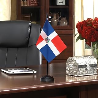 Dominican Deluxe Desk Flag Set - 6 x 4 Inch Miniature Dominican Desktop Flag with 12" Solid Pole - Vivid Color and Fade Resistant - Black Base and Spear Top