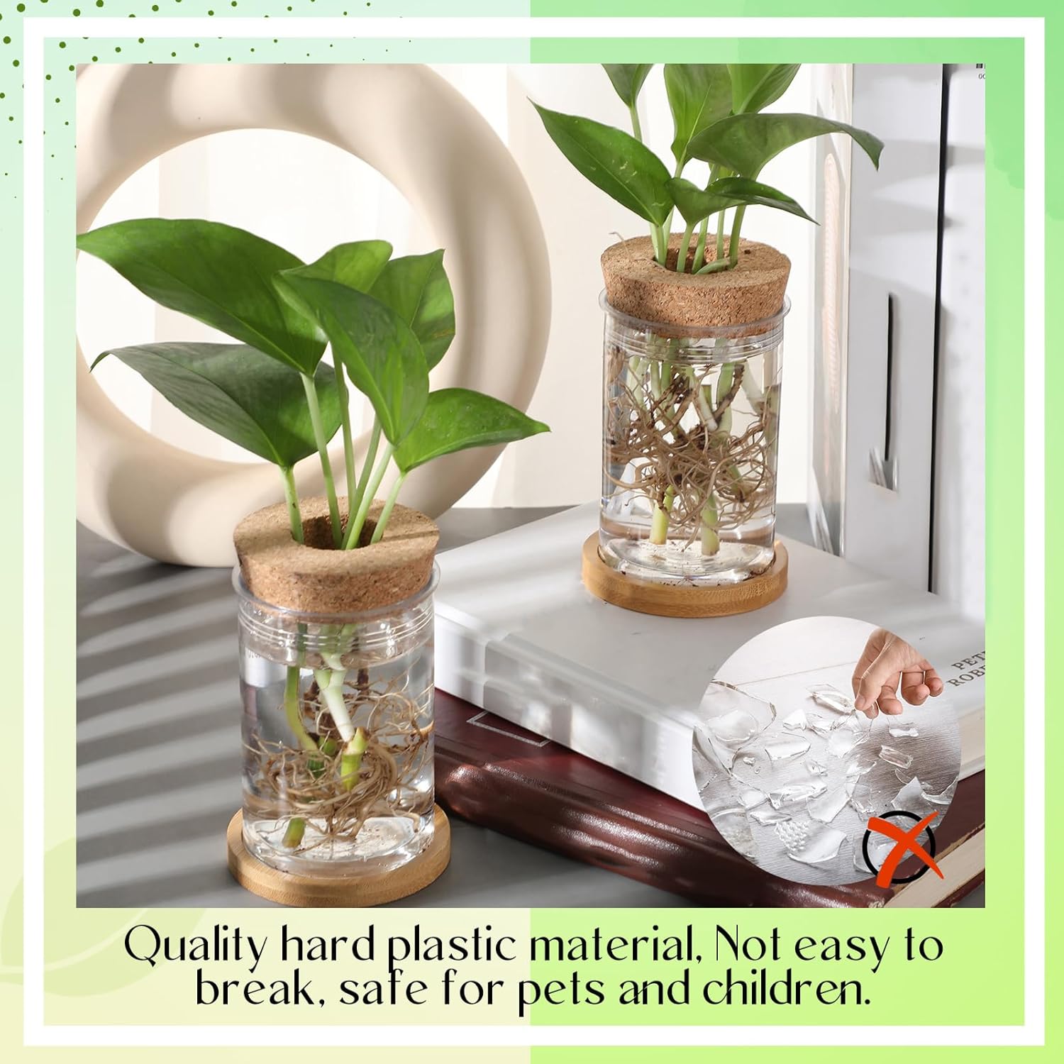 Baderke 9 Packs Propagation Vases for Plants Plastic Plant Propagation Station with Hole Lid and Bamboo Stand Growing in Water Hydroponic Home Office Table Decoration(Classic Style)
