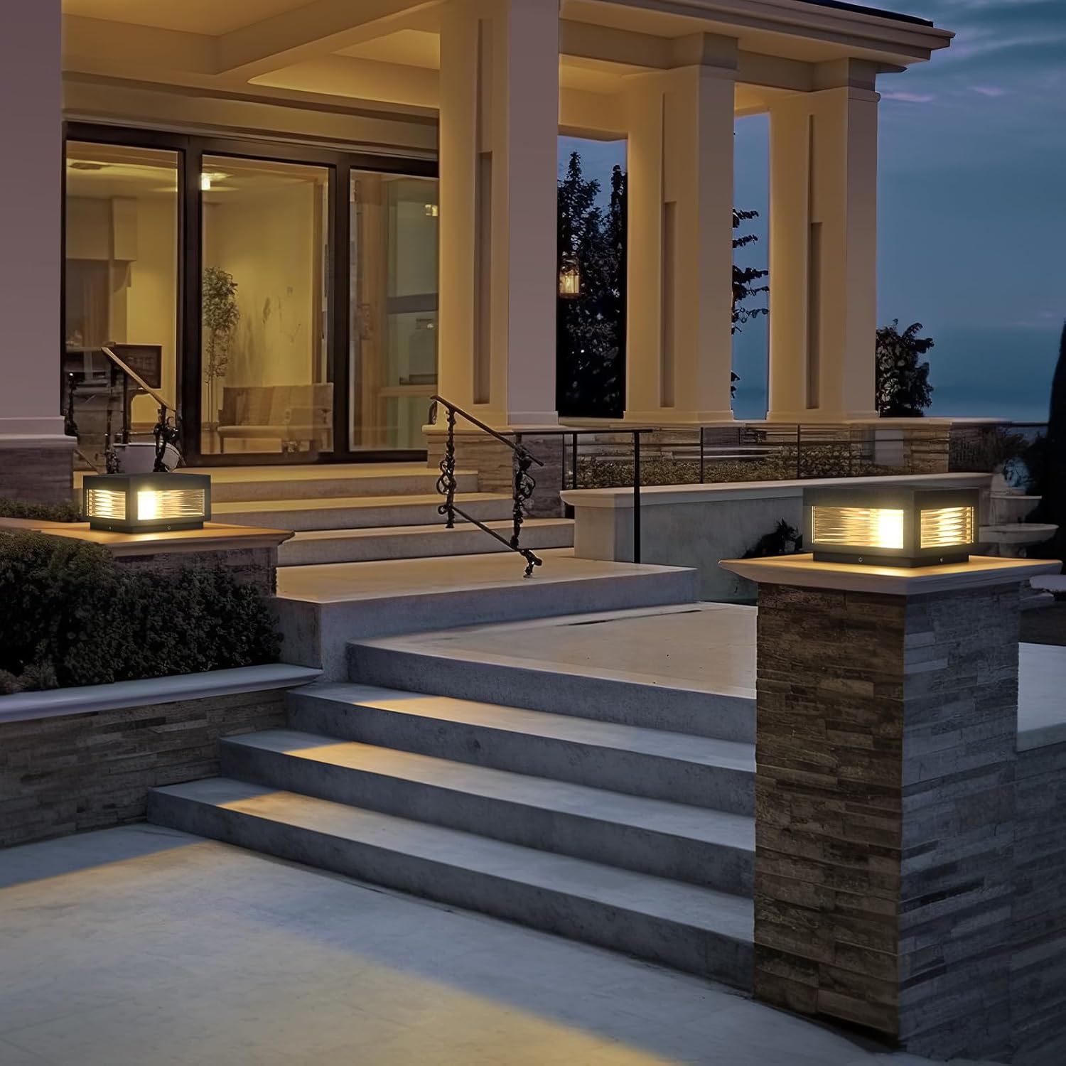 Solar Post Lights, 9.84'' Pillar Lamp Posts IP54 Waterproof Modern Column Lamps Dusk to Dawn 3000K LED Square Lanterns for Patio Porch Fence Garden Driveway Decoration