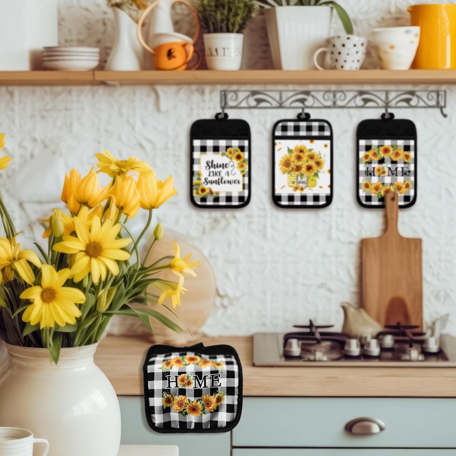 12 Pcs Sunflower Pot Holders with Pocket Teacher Appreciation Gift Bulk Summer Pot Holders Buffalo Plaid Hot Pads and Oven Mitts Gnomes Farmhouse Oven Gloves for Kitchen Baking Cooking Home - Image 2