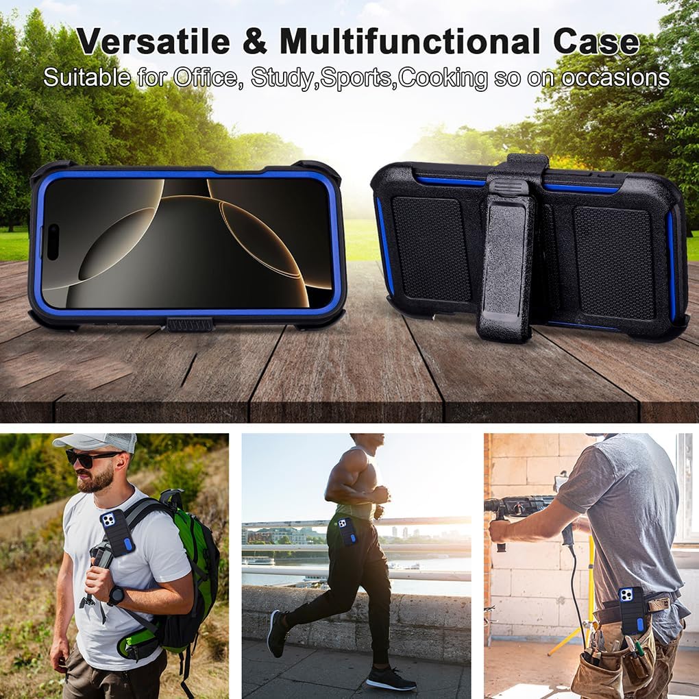 Phone Cases for iPhone 16 Pro Max Case Black with Belt Clip,3 Layers of Sturdy,Military Grade Shockproof ProMax Holster Protective Cases for Heavy Duty iPhone 16 Pro Max Phone Case Black Blue - Image 2