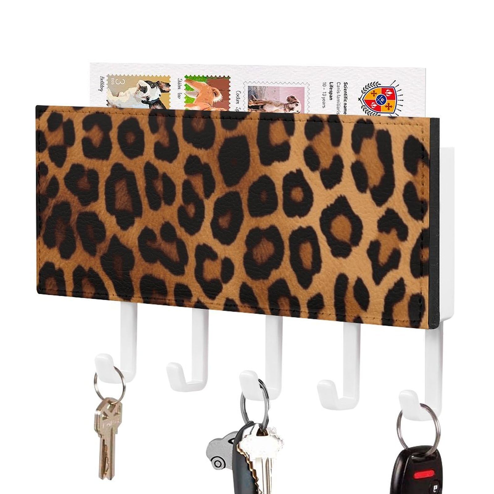 JTREHY Cool Cheetah Leopard Holder Wall-Mounted Key and Mail Holder,Key Rack with 5Keys Hooks, Easy to Install Mail Organizer for Entryway, Front Door, Hallway, Office
