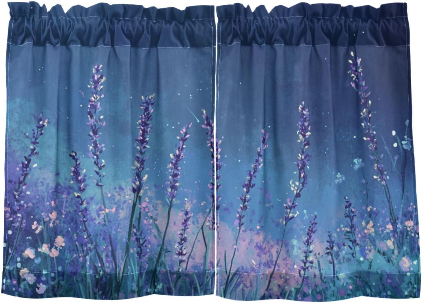 Cafe Curtain Half Window Curtain Tier Curtains for Bathroom Kitchen Bedroom Living Room Set of 2 Panels 27x36in Lavender Flowers Glitter Blue