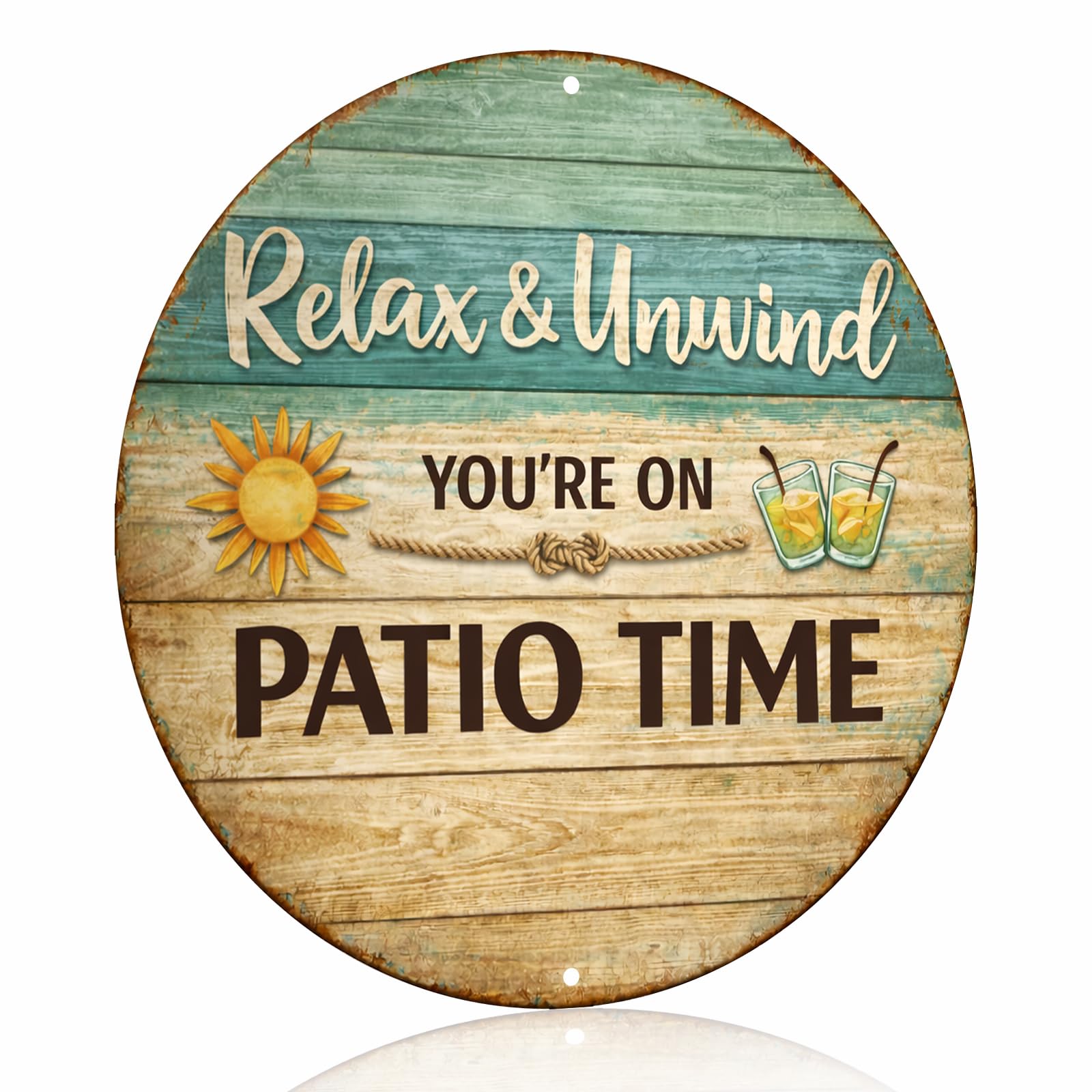 "Relax & Unwind - You're On Patio Time" Rustic Metal Aluminum Sign Wall Decor for Patio, Porch, Backyard, Balcony, Coffee Shop - 8x8 Inches Coastal Decor (26036)