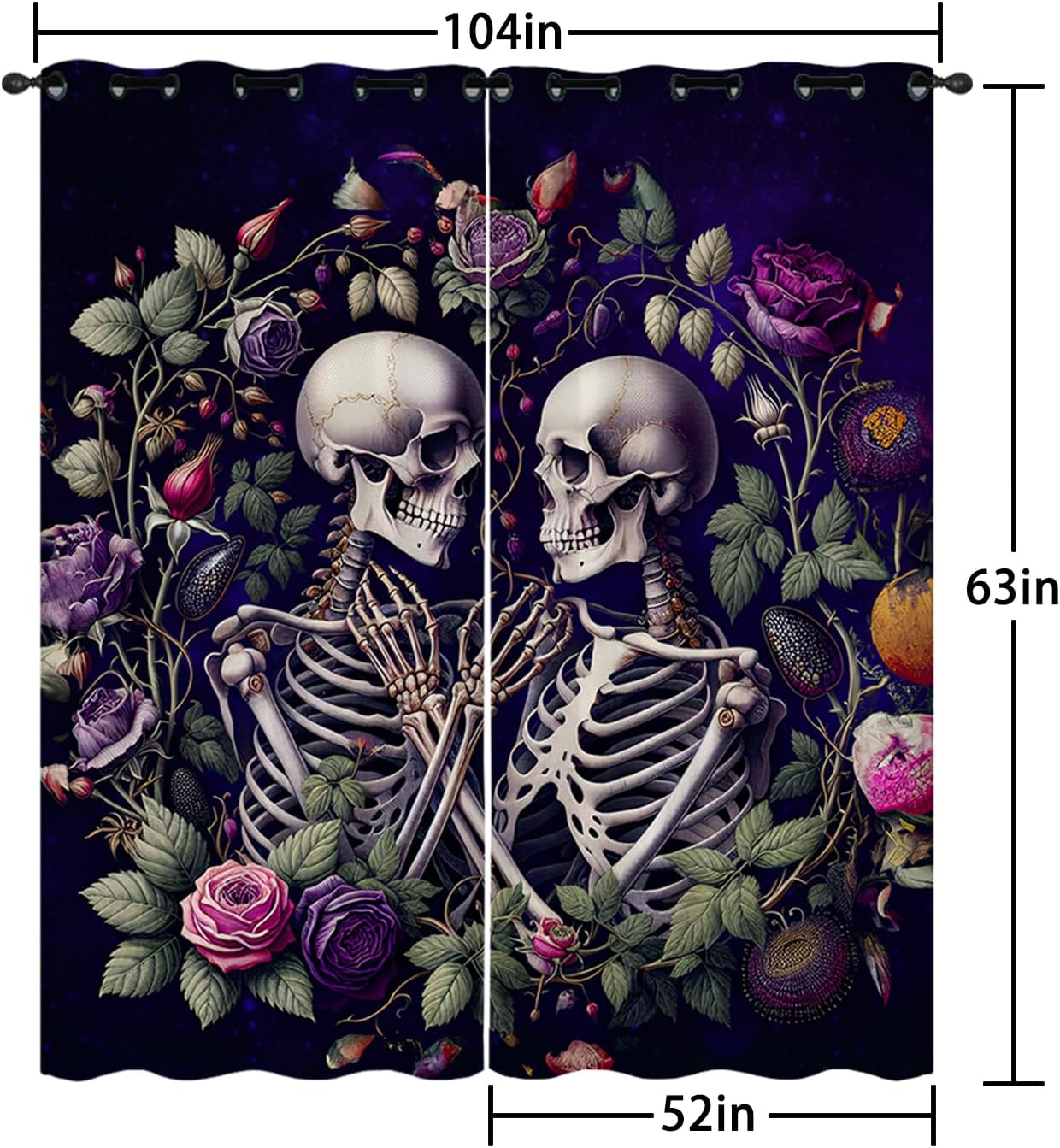 AILONEN Gothic Sugar Skull Window Curtain,Gothic Skeleton Bones Curtain Tiers for Kids,Boys,Teen Bedroom Decor,Purple Rose Window Treatments Drapes, 52" W x 63" H 2 Panels