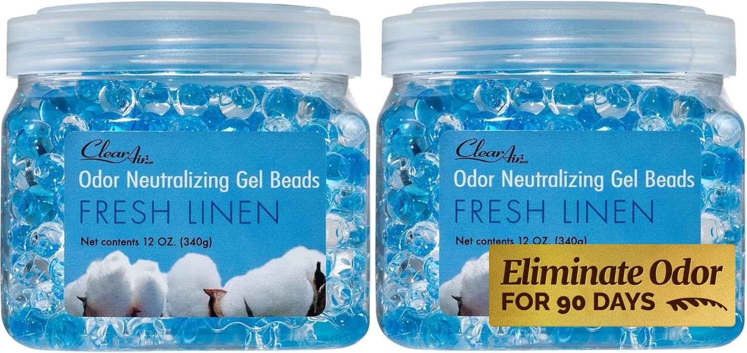 Clear Air Odor Eliminator Gel Beads – 12 oz, Pack of 2 – Air Freshener Made with Essential Oils – Eliminates Odors in Bathrooms, Cars, Boats, RVs & Pet Areas – Fresh Linen Scent