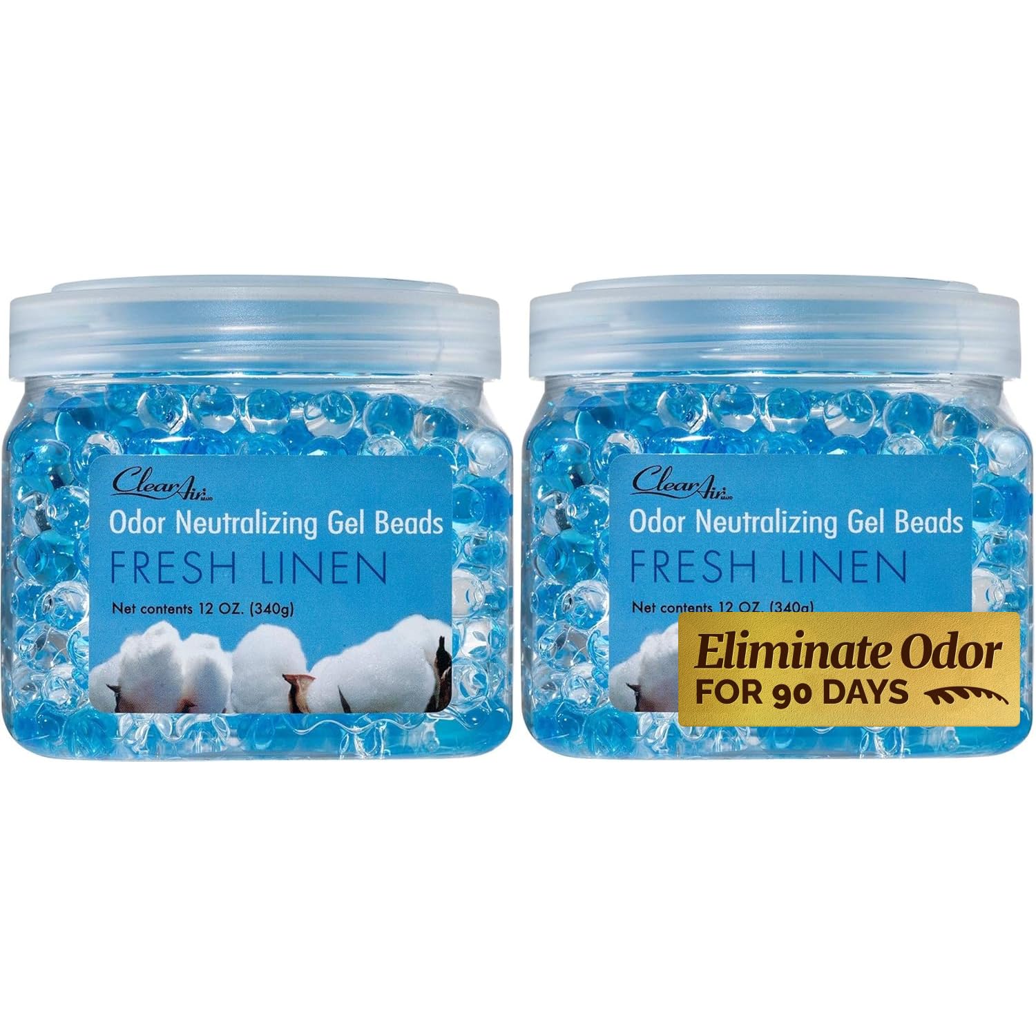 Clear Air Odor Eliminator Gel Beads - 12 oz, Pack of 2 - Air Freshener Made with Essential Oils - Eliminates Odors in Bathrooms, Cars, Boats, RVs & Pet Areas - Fresh Linen Scent