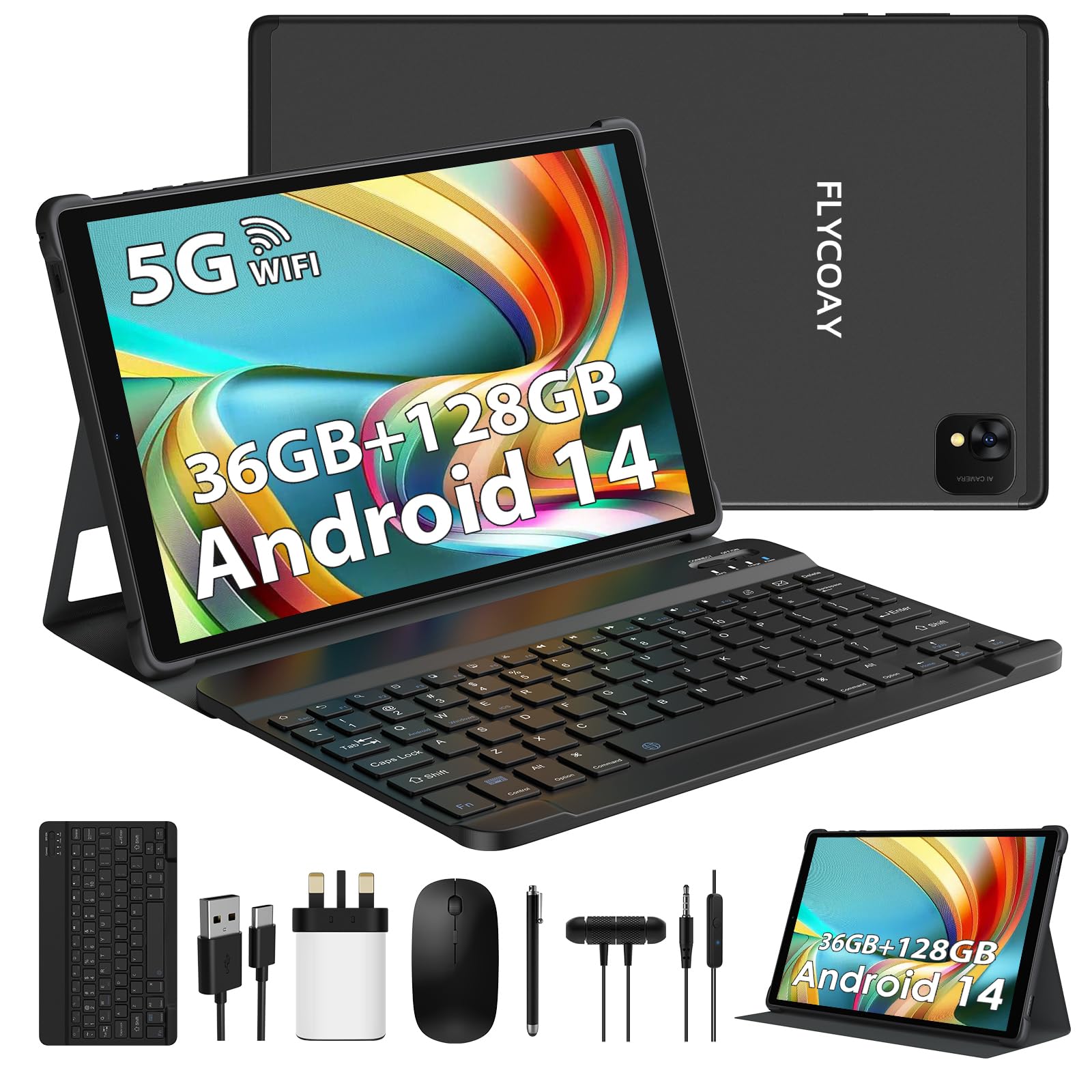 Newest Android 14 Tablet 10 Inch, Octa-Core 2.0 GHz, 36GB RAM+128GB ROM(1TB TF) 5G+2.4G WiFi, 1920 * 1200 FHD, BT 5.0, GPS, 8000mAh, Metal Body, Tablet with Keyboard & Mouse, Black