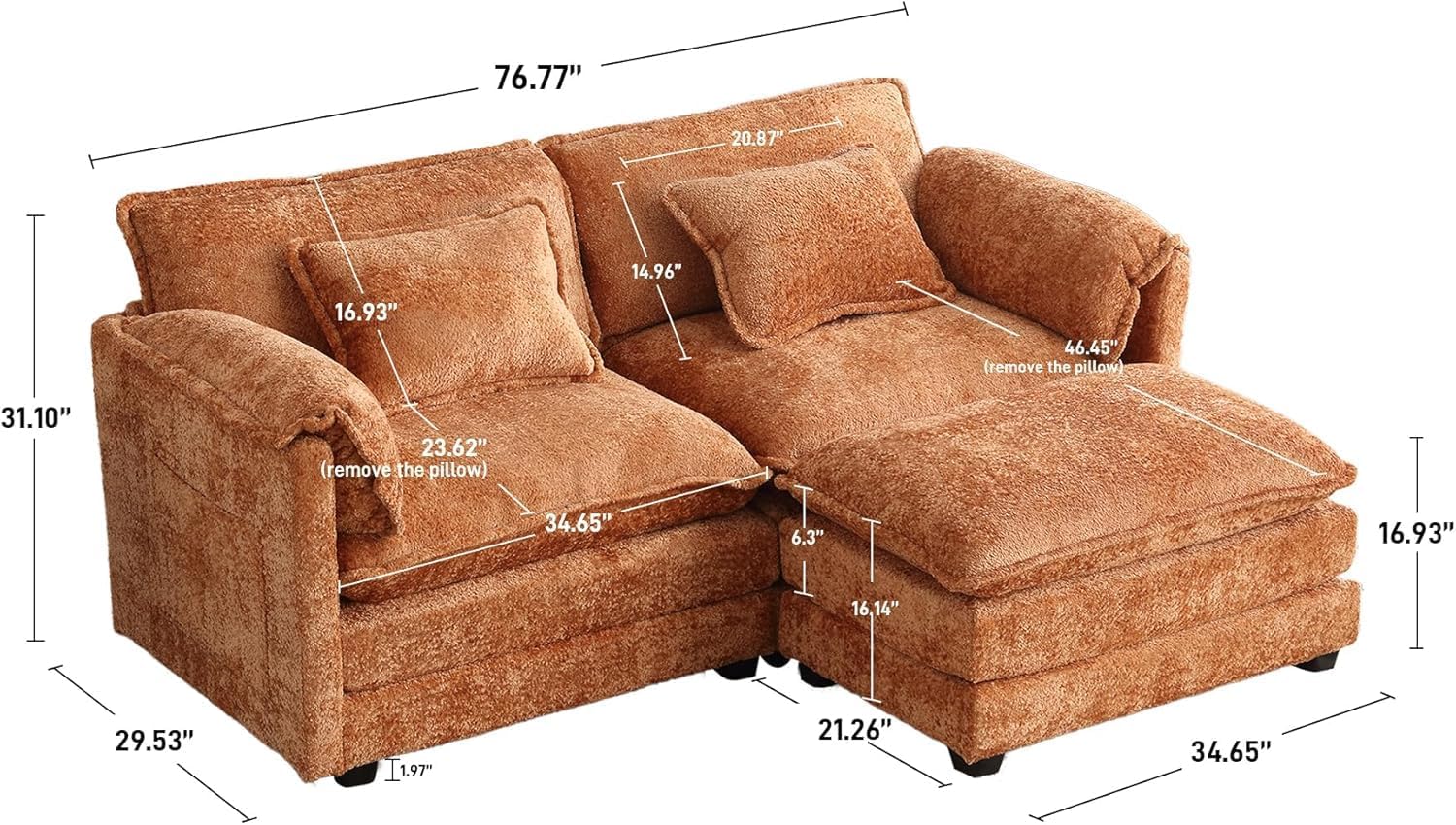 77" L Shaped Modular Sectional Sofa, Comfy Upholstery Chenille Cloud Couch Loveseat with Ottoman, Modern 3-Seat Deep Seat Sofa with Pillow for Living Room, Bedroom, Apartment, Orange