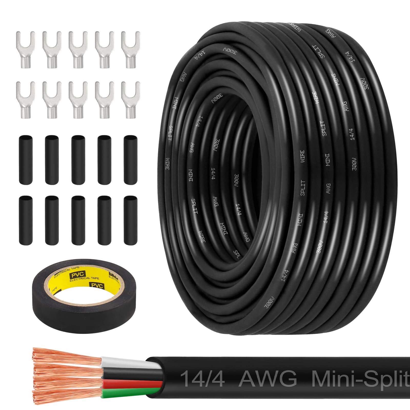 MOOKEERF 14/4 AWG Mini-Split Cable - 100FT 14 AWG 4 Conductor Control Cable 300V Stranded Oxygen-Free Pure Copper Wire for Mini Split Air Conditioner,