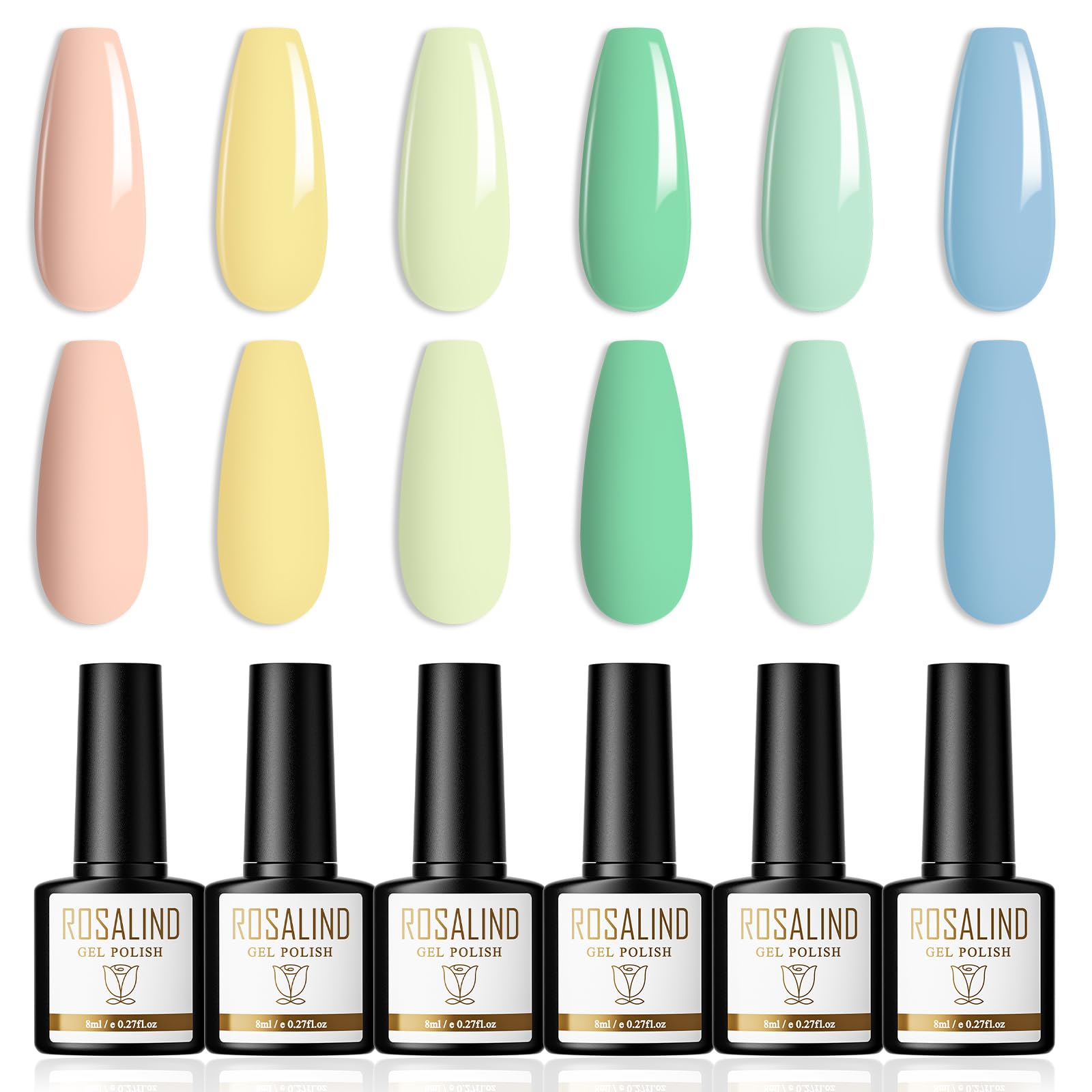 ROSALIND Esmalte Semipermanente 6 Colores Pintauñas Semipermanentes UV LED Rosa Amarillo Verde Azul Pintauñas Gel Permanentes Uñas Semipermanentes Soak Off Gel Nail Polish Primavera y Verano 8ml