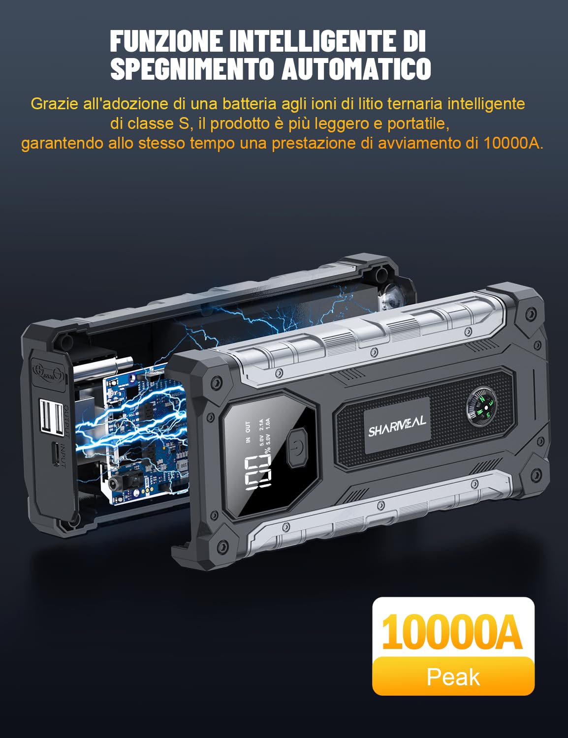 SHARMEAL Avviatore Batteria Auto 10000A, Avviatore di Emergenza per Auto per Motori Tutti Benzina e 10.0L Diesel, Portatile 12V Booster Avviamento con Torcia, Cavo di Avviamento, Ricarica USB