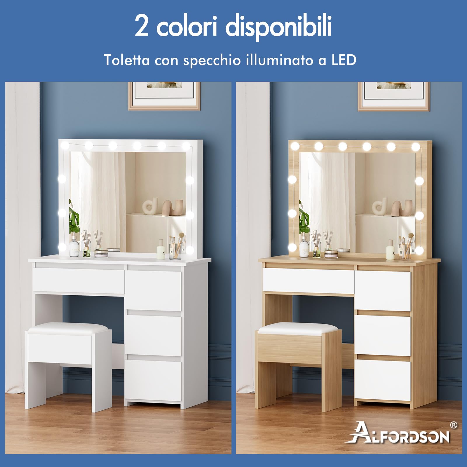 ALFORDSON Scrivania da trucco con specchio e luci, set da trucco da 90 cm con 4 cassetti e sgabello portaoggetti, luci LED regolabili, tavolo da toeletta per camera da letto di donne e ragazze, Legno