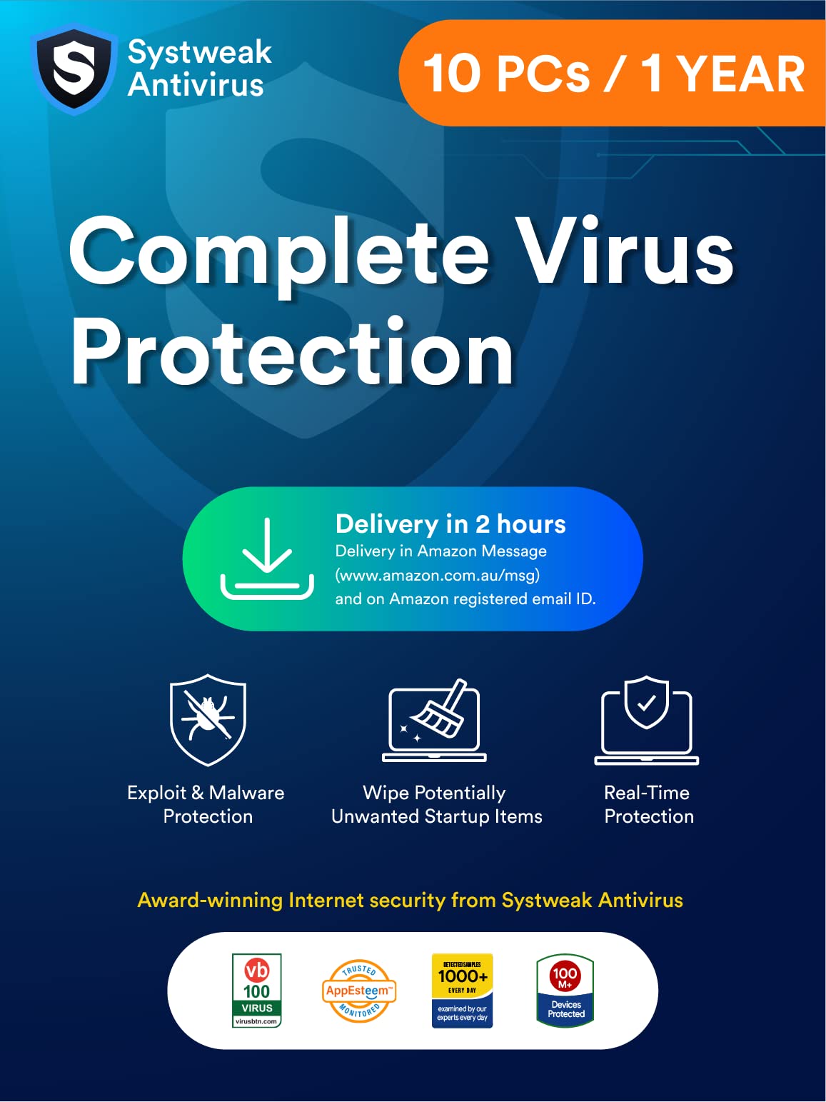 Systweak Antivirus - Software para Windows - 10 PC, 1 año, protección en tiempo real, protección completa, firewall y seguridad en Internet (solo correo electrónico de entrega, 2 horas, sin CD)