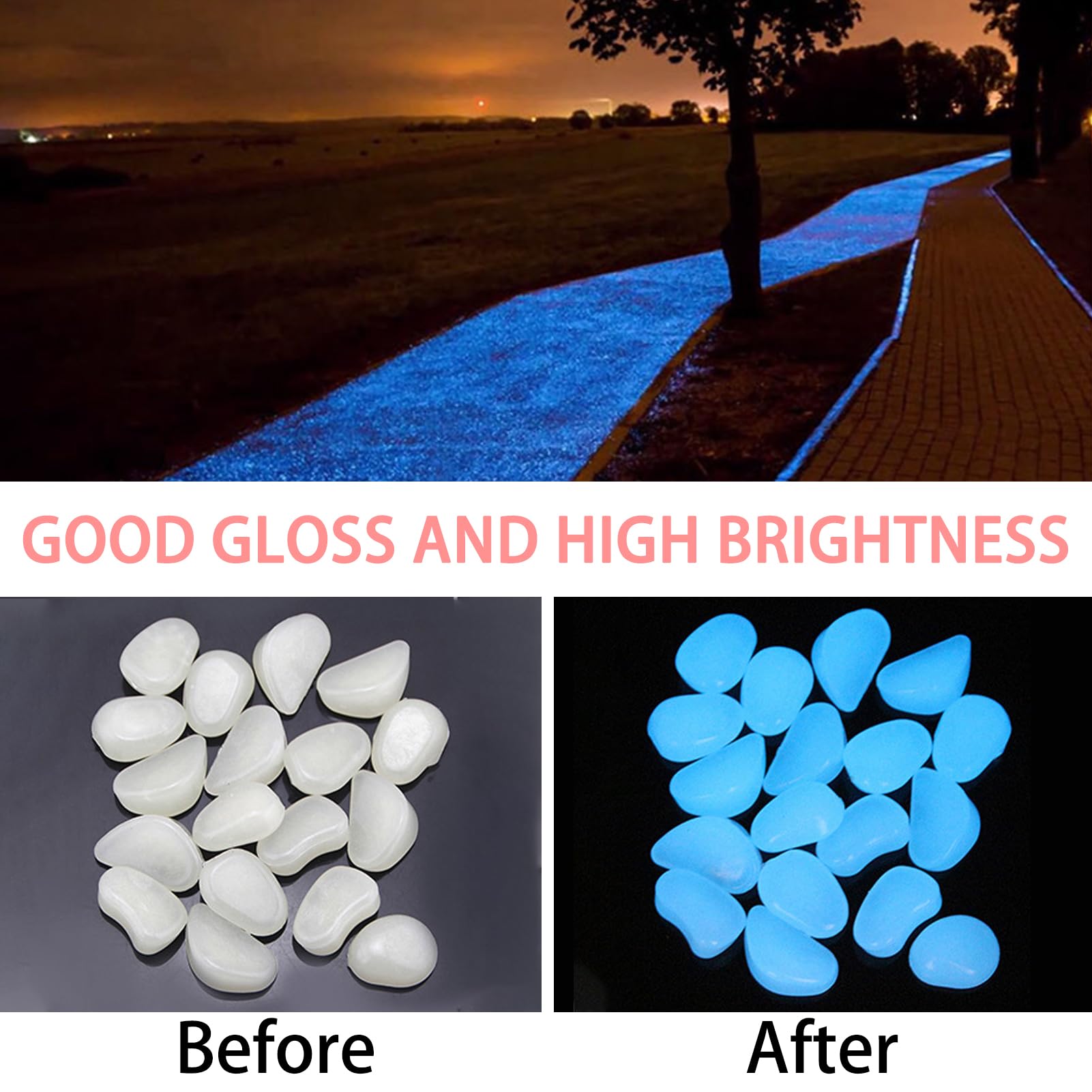 300 Pezzi Pietre Luminose da Giardino, Decorative Sassi Luminosi Brillanti Ciottoli Fluorescenti Incandescente Fosforescenti in Resina Pietre Luminosi per Vasi Acquario Prati Terrazza(Bianco)