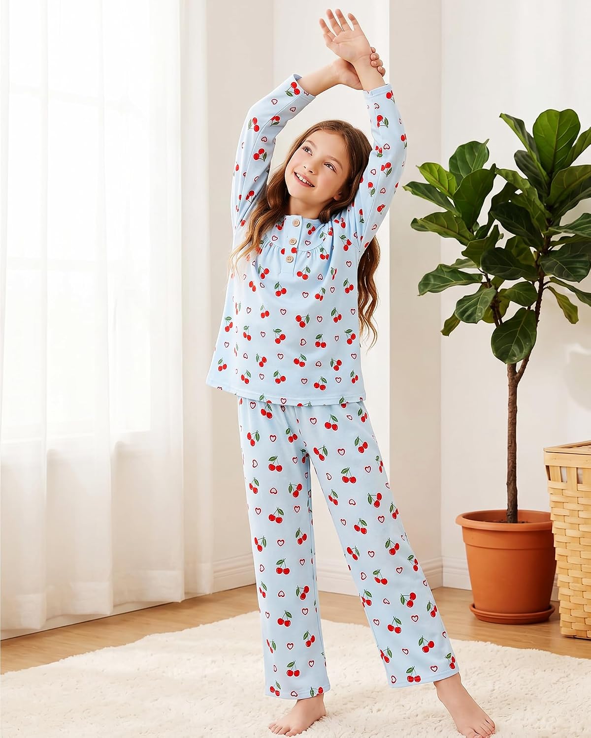 CARETOO Girls Pajamas Button Long Sleeve 2 Piece Pajama Set with Pants Printed Kids Sleepwear PJs for Girls 5-14 Years