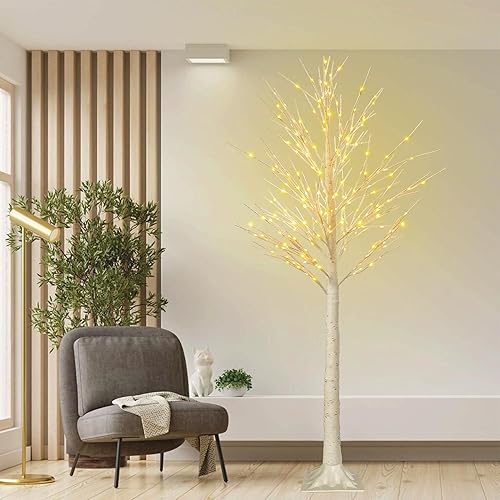 Miniatura 9 de Árbol de abedul iluminado con 144 luces LED de 6 pies, decoraciones de Navidad para interiores y exteriores, árbol de Navidad preiluminado con luces