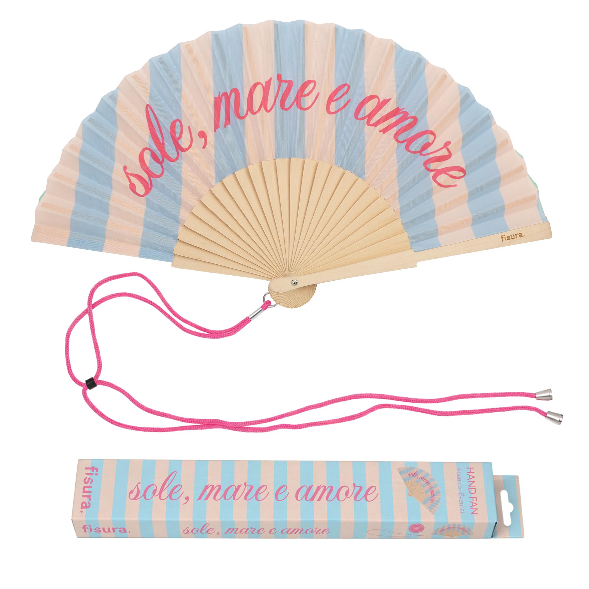 Fisura-Wachlarz drewniany z napisem “Sole, mare e amore”, niebieski wachlarz ręczny w paski z zawieszką, wakacyjny dodatek 42,5 x 23 cm