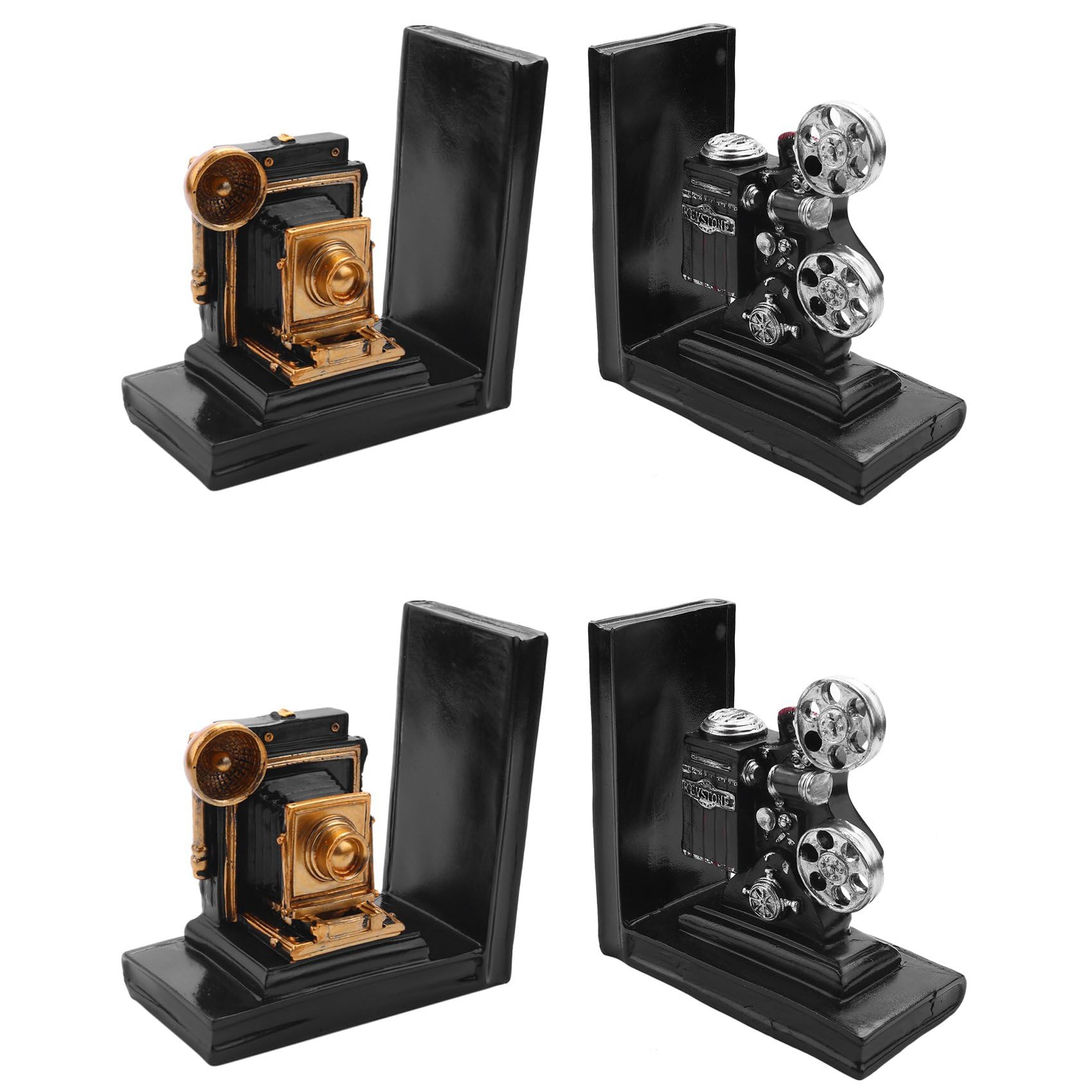 Hndhbfgrt 4x Retro Camera Bookend Movie Film Projector Black Silver Collector's Project Bookcase