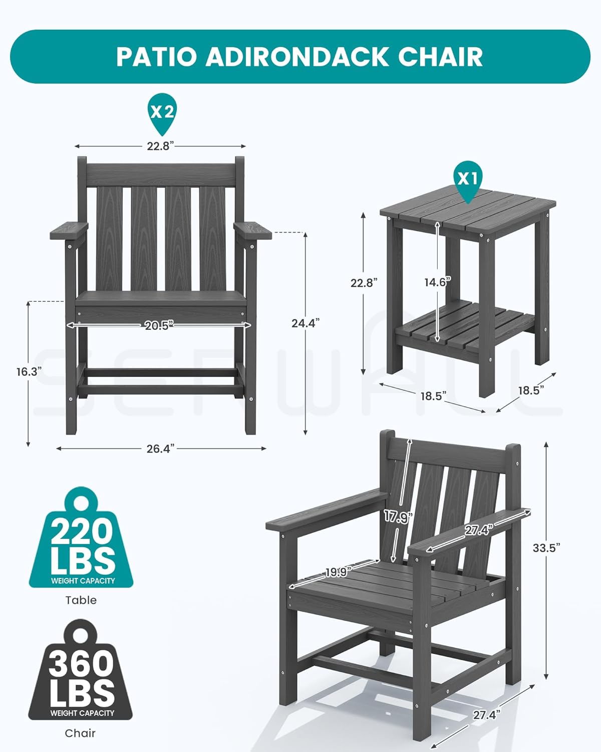 SEWRWALL 3 Pieces Patio Bistro Set, All Weather Adirondack Chair Set with Side Table, HDPE Material Outdoor Patio Furniture Set for Balcony, Porch, Garden, Backyard- Gray