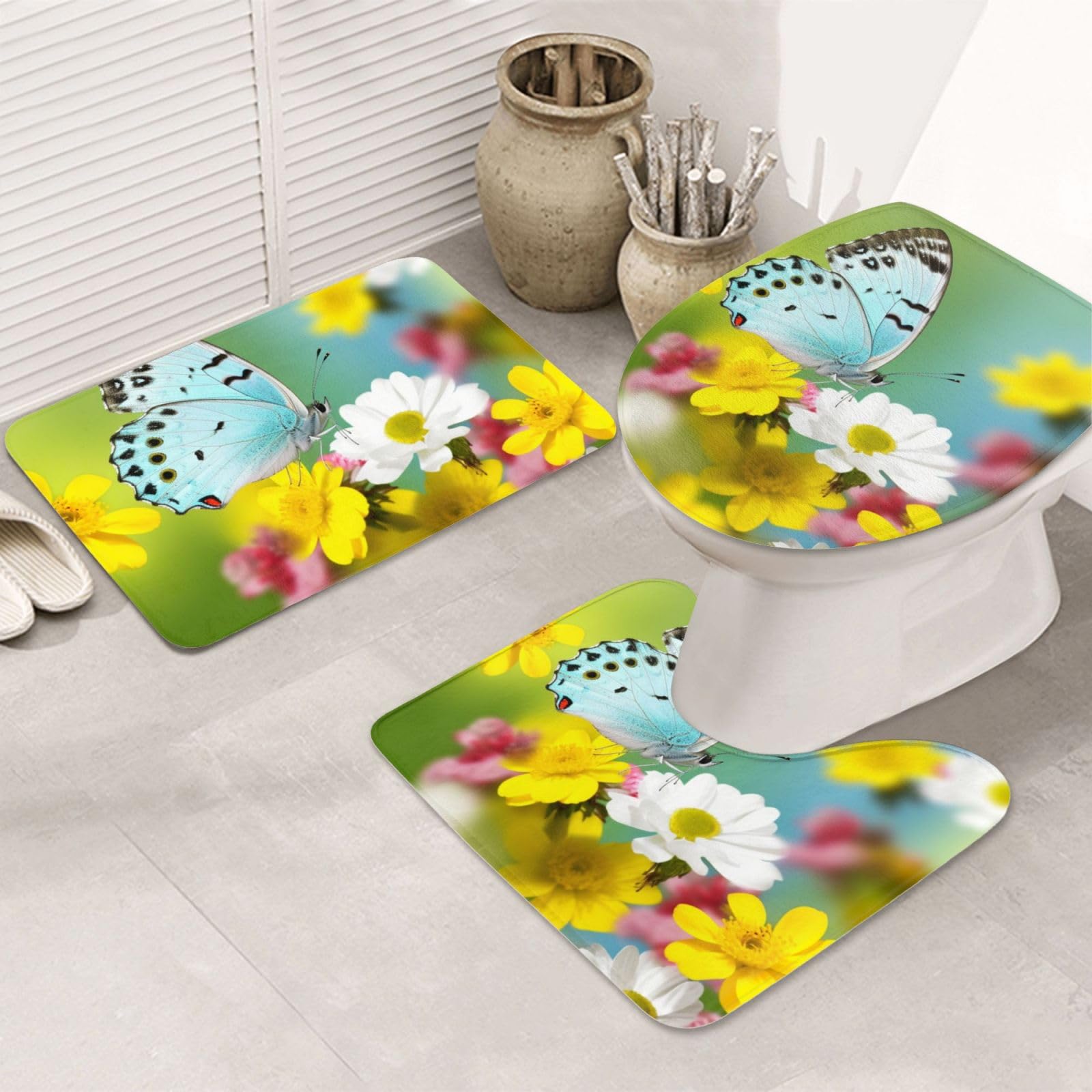 Tapis de salle de bain papillons : lot de 3 avec contour WC anti-dérapant
