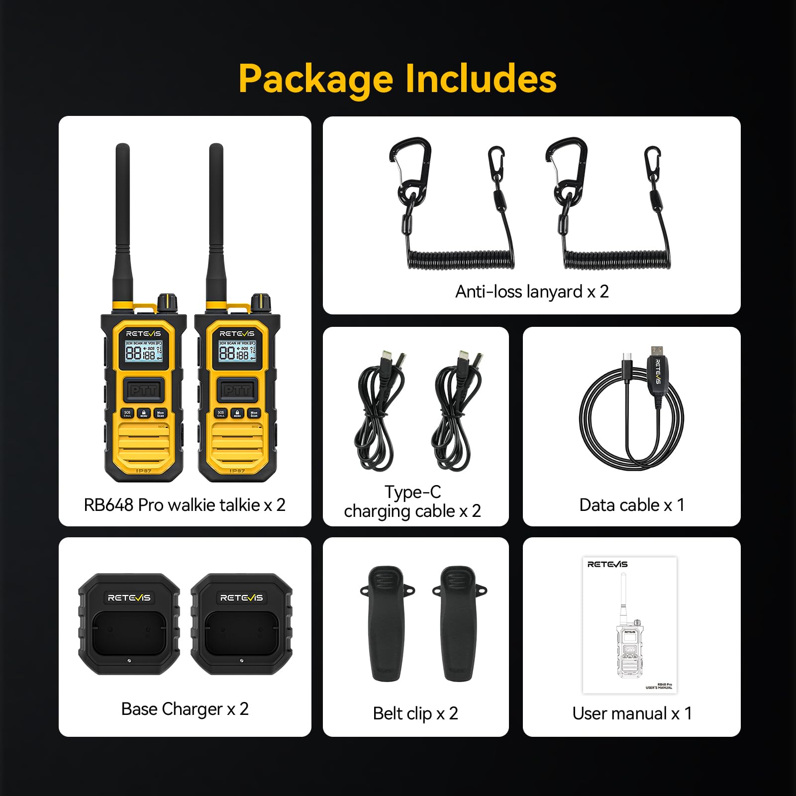 Retevis RB648 Pro Walkie Talkies mit Großer Reichweite, IP67 Wasserdichtes Funkgerät, Zwei Wege Geräuschunterdrückung, 2800 mAh, Walkie Talkies für Erwachsene für Baustellen und Fabriken (2 Stück)