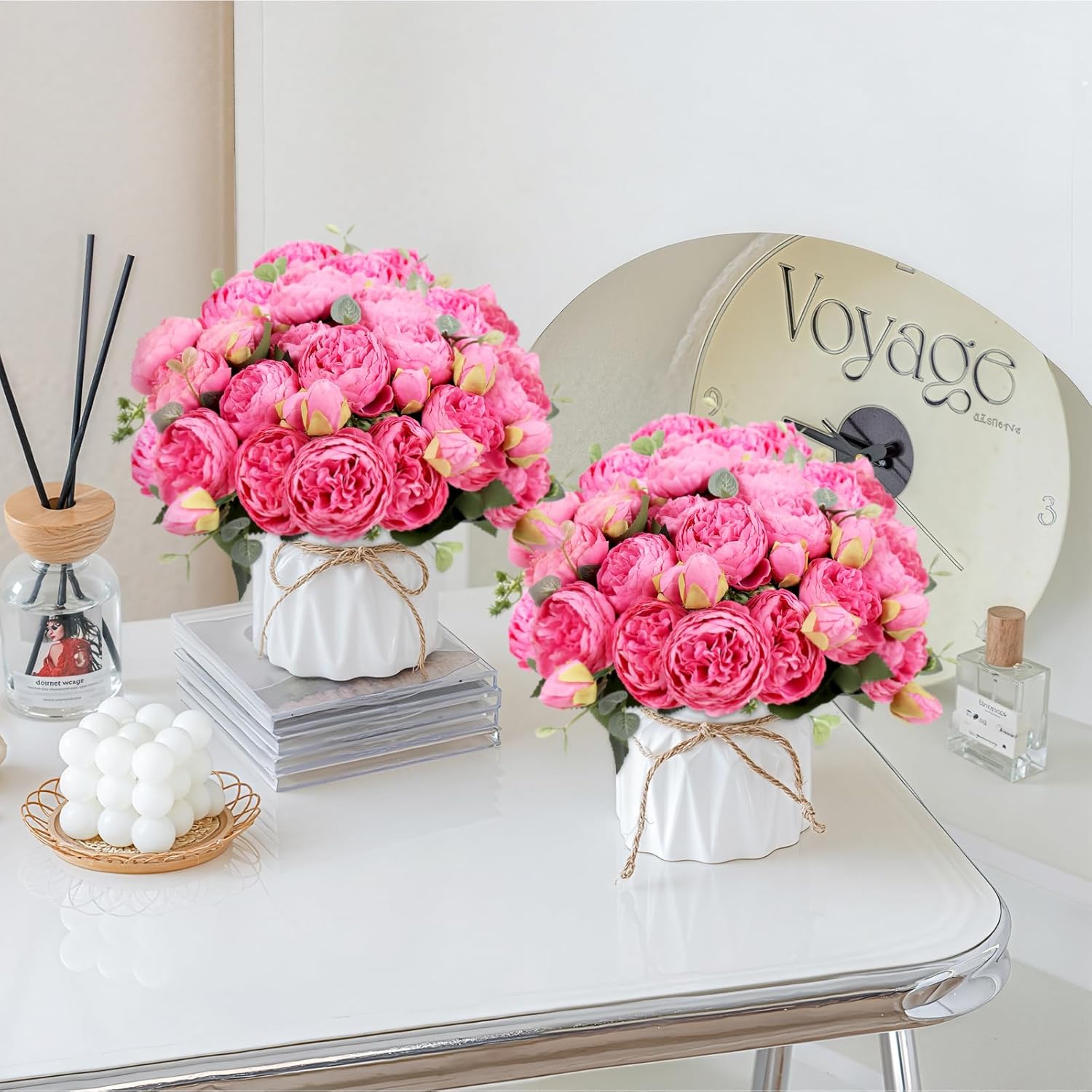 DEEMEI Artificial Peony Flower Silk Peonies Bouquet 4 Bundles Fake Flowers Bulk for Home Wedding Party Decor (Red Rose)