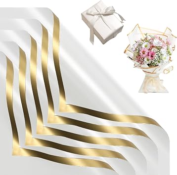 Waterproof Flower Wrapping Paper, 20 Sheets Florist Gift Wrapping Paper Gold Edge Flower Wrap Paper Floral Bouquet WrappingPaper Double Sided Wrapping-Paper for Floral,Gold Edge-White22.8"