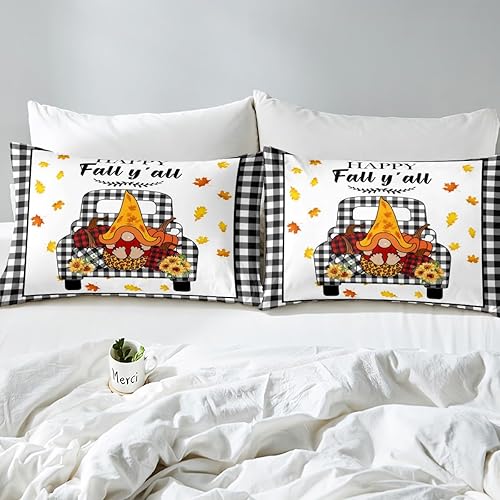 Miniatura 4 de Manfei Juego de funda de edredón de gnomo de otoño, tamaño King, funda de edredón de calabaza a cuadros de leopardo con 2 fundas de almohada, juego