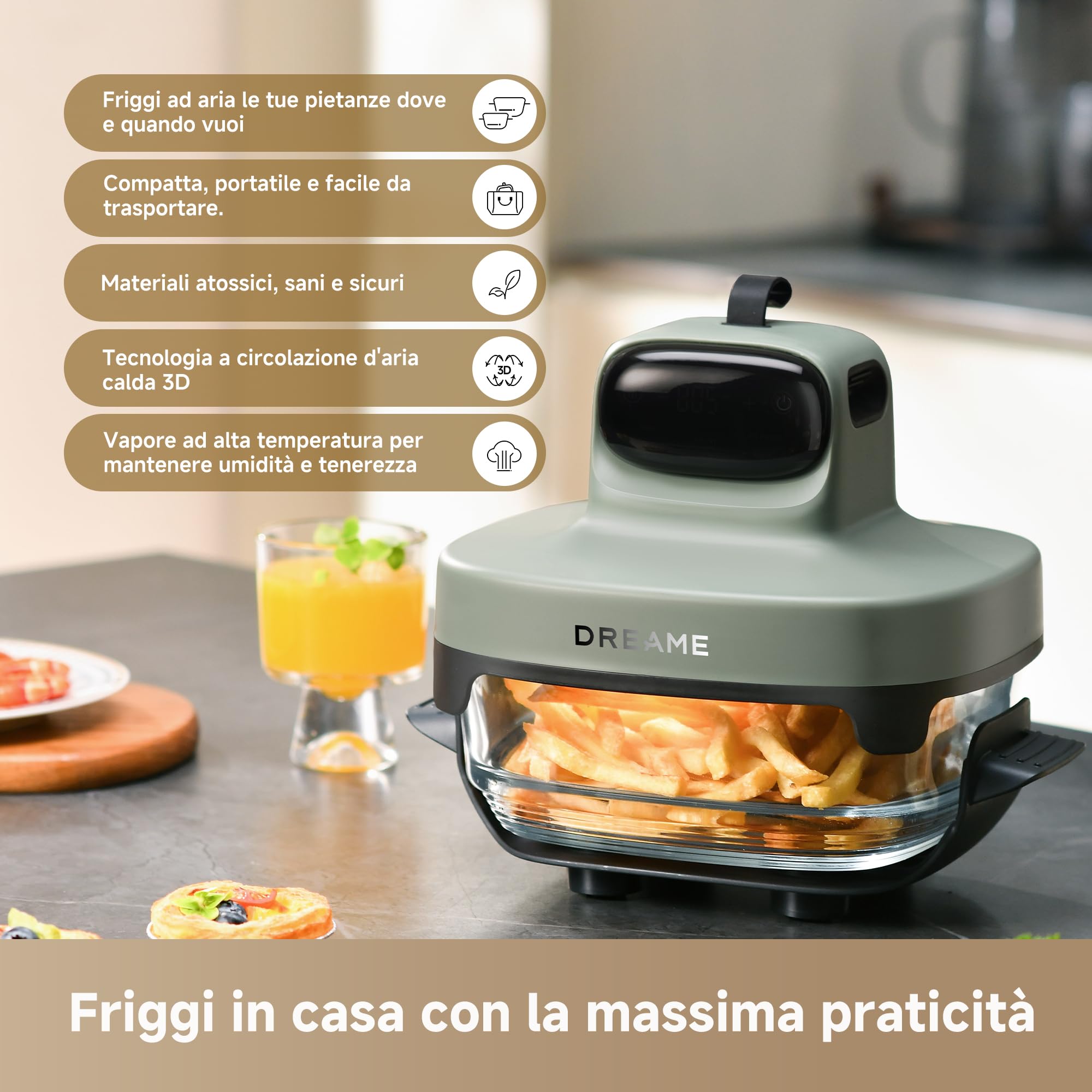 DREAME Tasti 5 in 1 Friggitrice ad aria in vetro portatile, Doppio contenitore (2,5 L + 4,5 L), Vetro borosilicato 6 mm, Circolaz. aria 3D, Lavabile in lavastoviglie, Panoramica 360°, Design modulare
