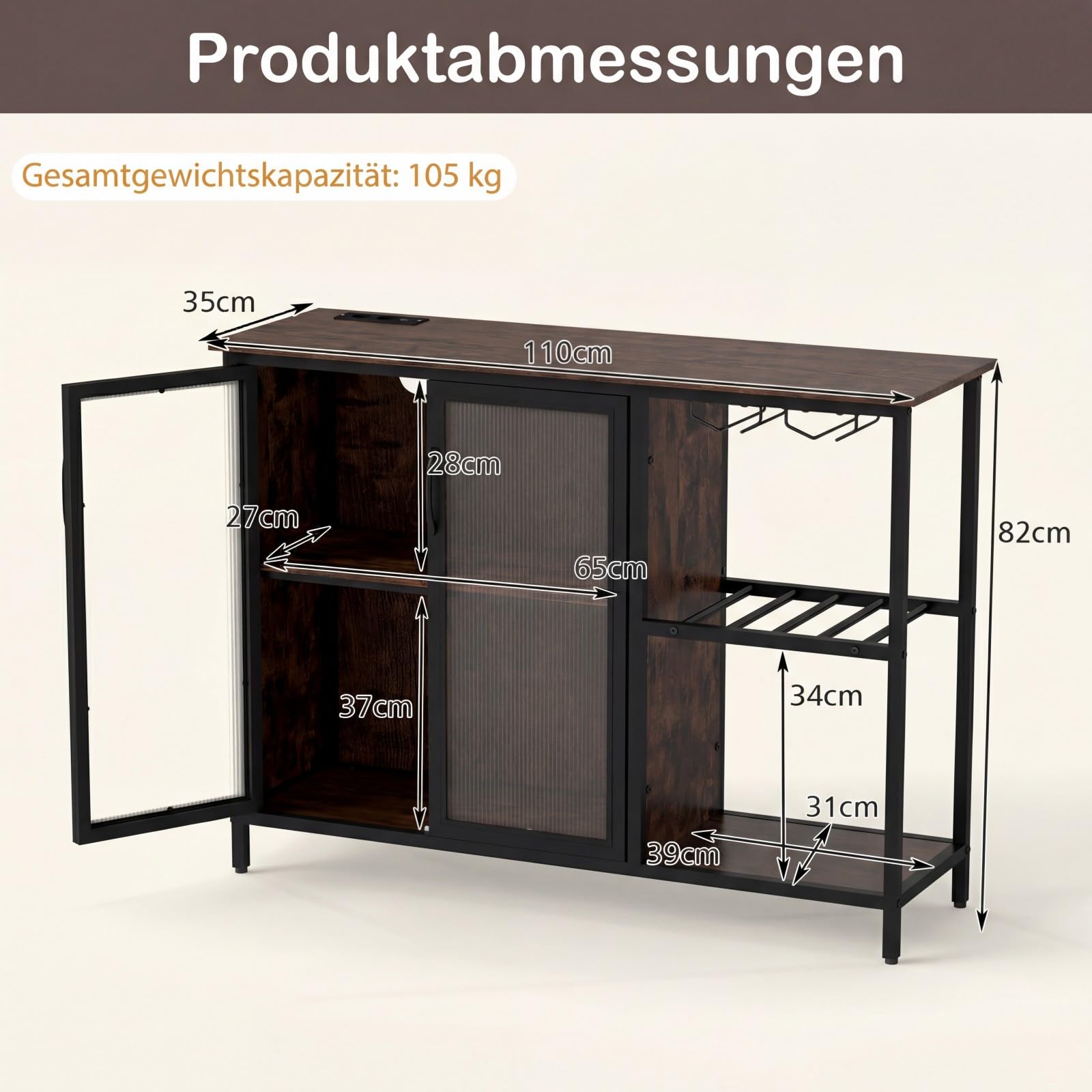 COSTWAY Weinschrank mit LED-Beleuchtung, Barschrank mit Weinregalen, Glashalter, Glastür & Steckdosen, Sideboard mit Metallrahmen, Buffetschrank industriell für Küche, Esszimmer, 110 × 35 × 82 cm