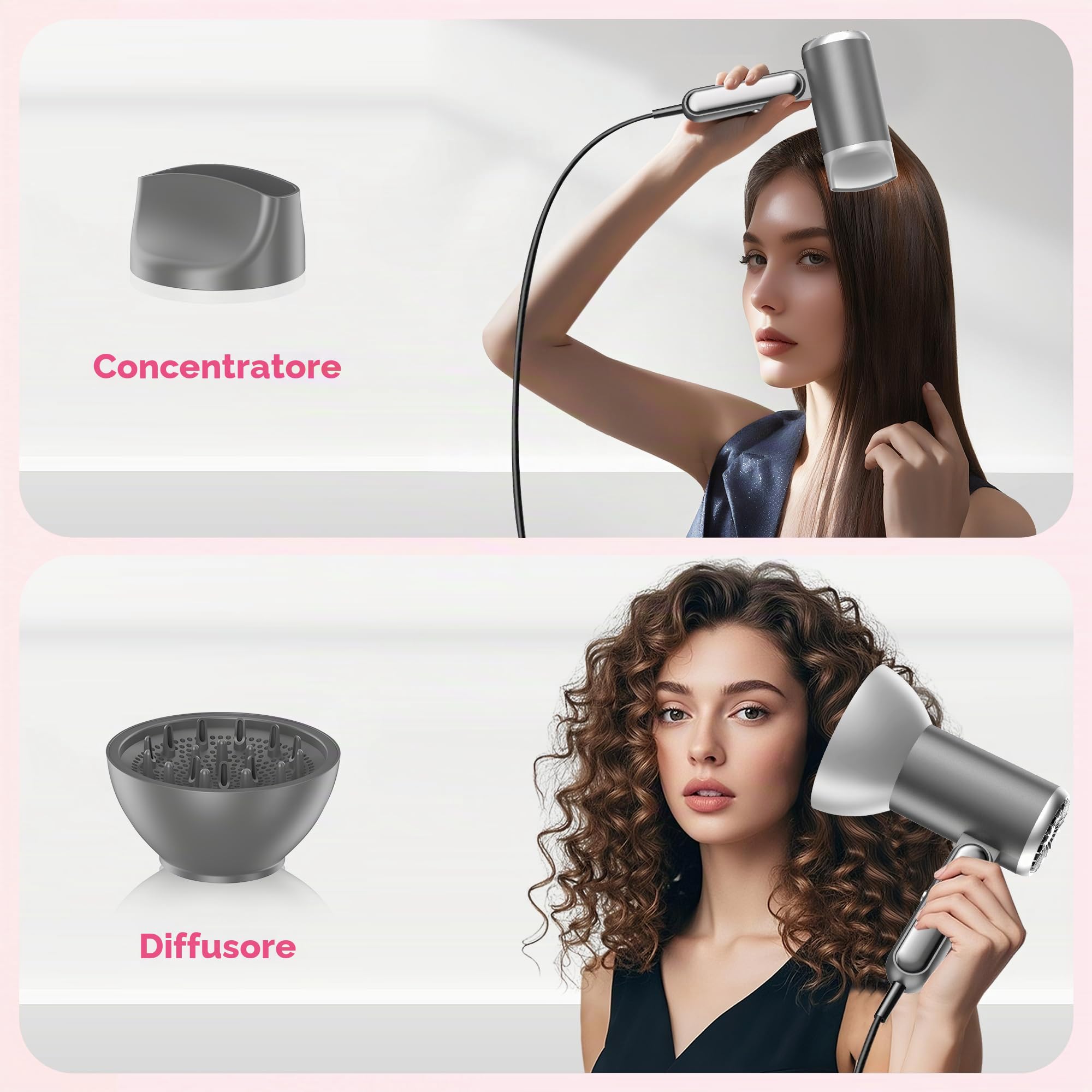 Mini Phon Capelli da Viaggio Potente - 1800W Asciugacapelli Professionale con Diffusore e Concentratori,200 Milioni di Asciugacapelli Ionico, Manico Pieghevole, 3 Tempe, Fono Capelli Ionico portatile