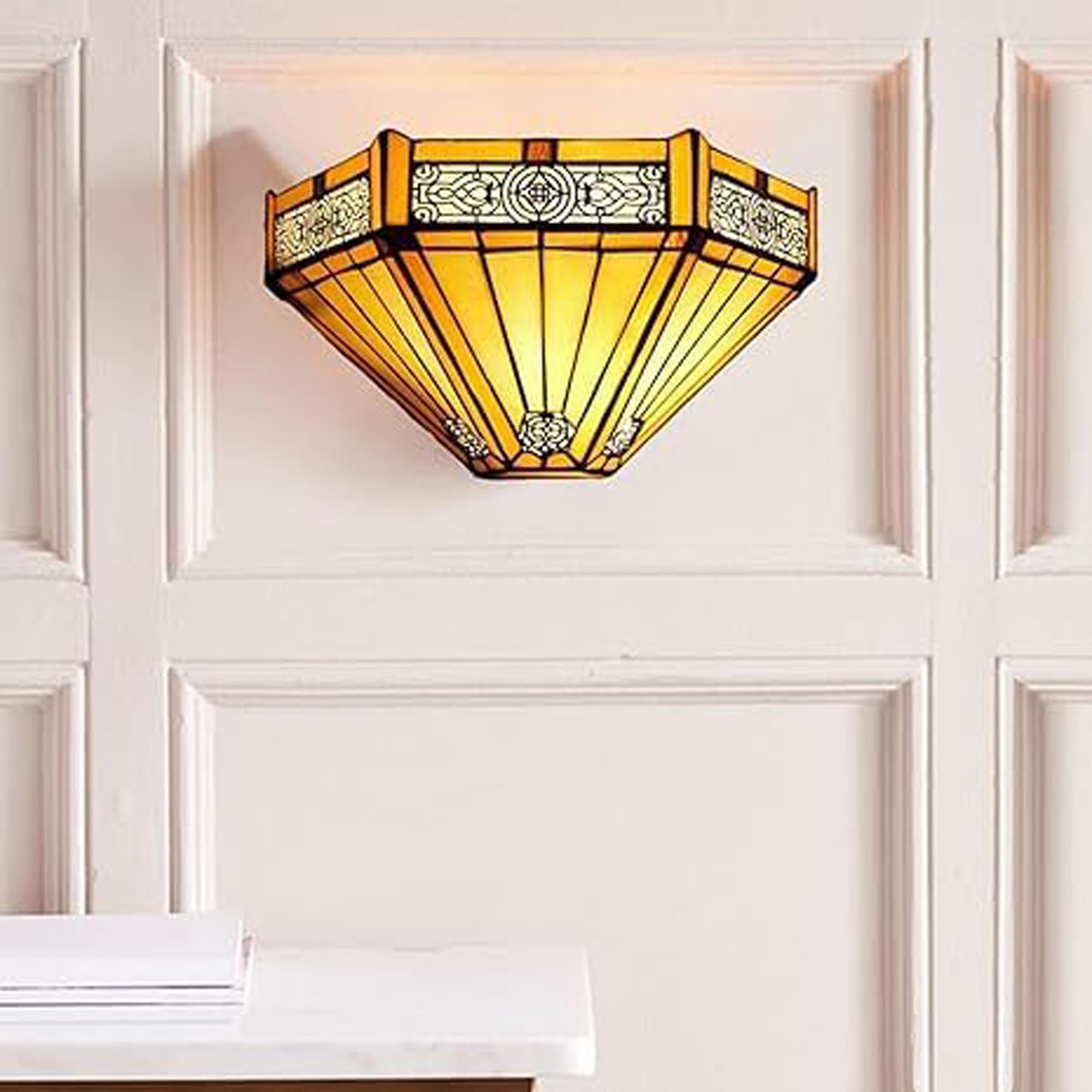 Auroh Multi Tiffany Wall Light 12 Inch Amber Mission Geometric - Stained Glass Sconce