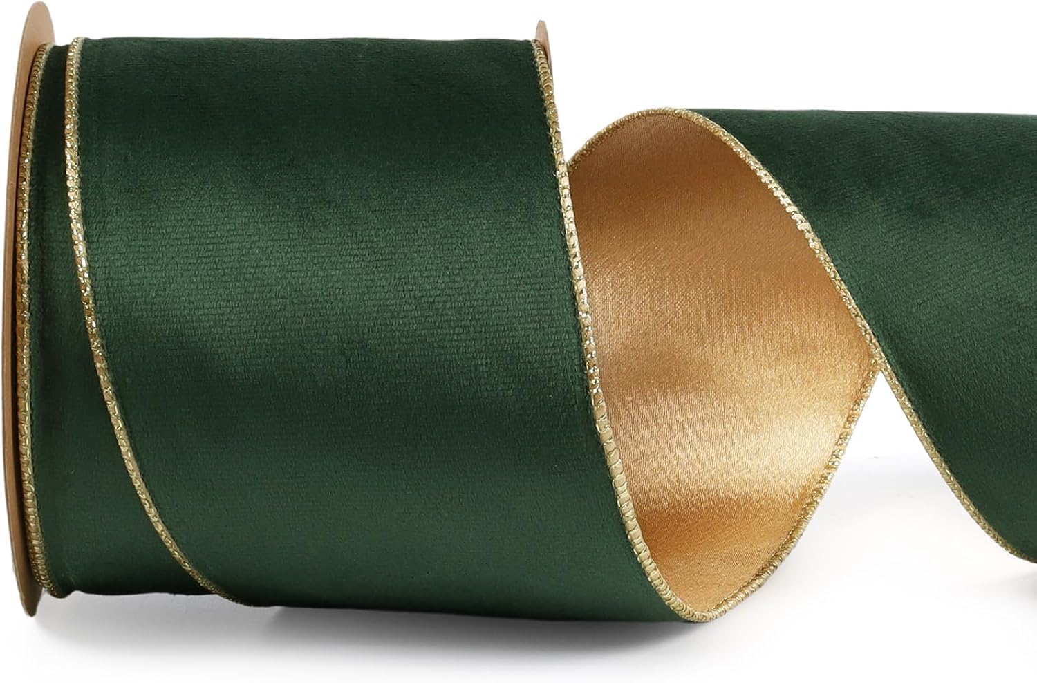 LaRibbons Green Velvet Wired Ribbon, Gold Edge, Gold Satin Back, 4 Inch