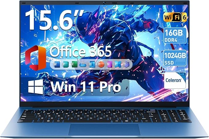 15.6 Inch Laptop Computer with Windows 11 Pro Laptops, 16GB RAM 1024GB SSD, Office 365, WiFi 6, Bluetooth 5.2, 180° Viewing, IPS FHD, 7000mAh, HDMI, Type-C, Cooling Fan(Black)