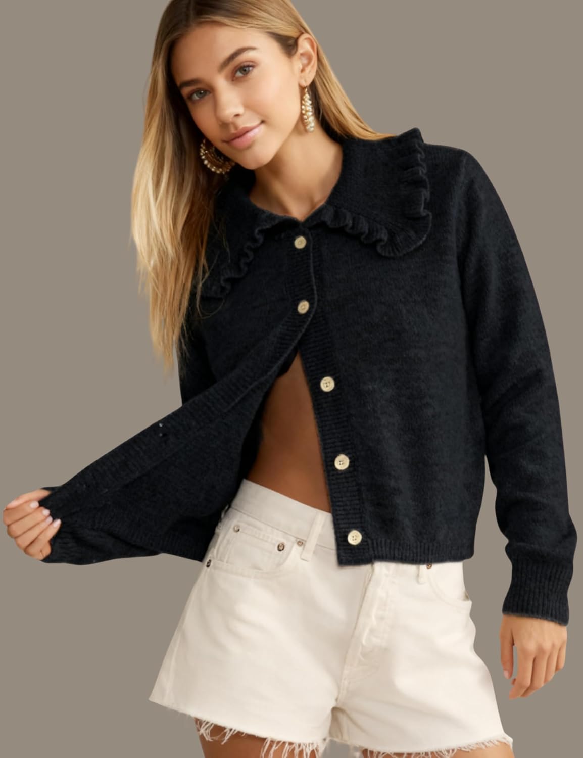 InterNos Womens Y2k Ruffled Collar Cardigan Sweaters Classic Button Down Long Sleeves Fall Sweater Crop Tops - Image 5