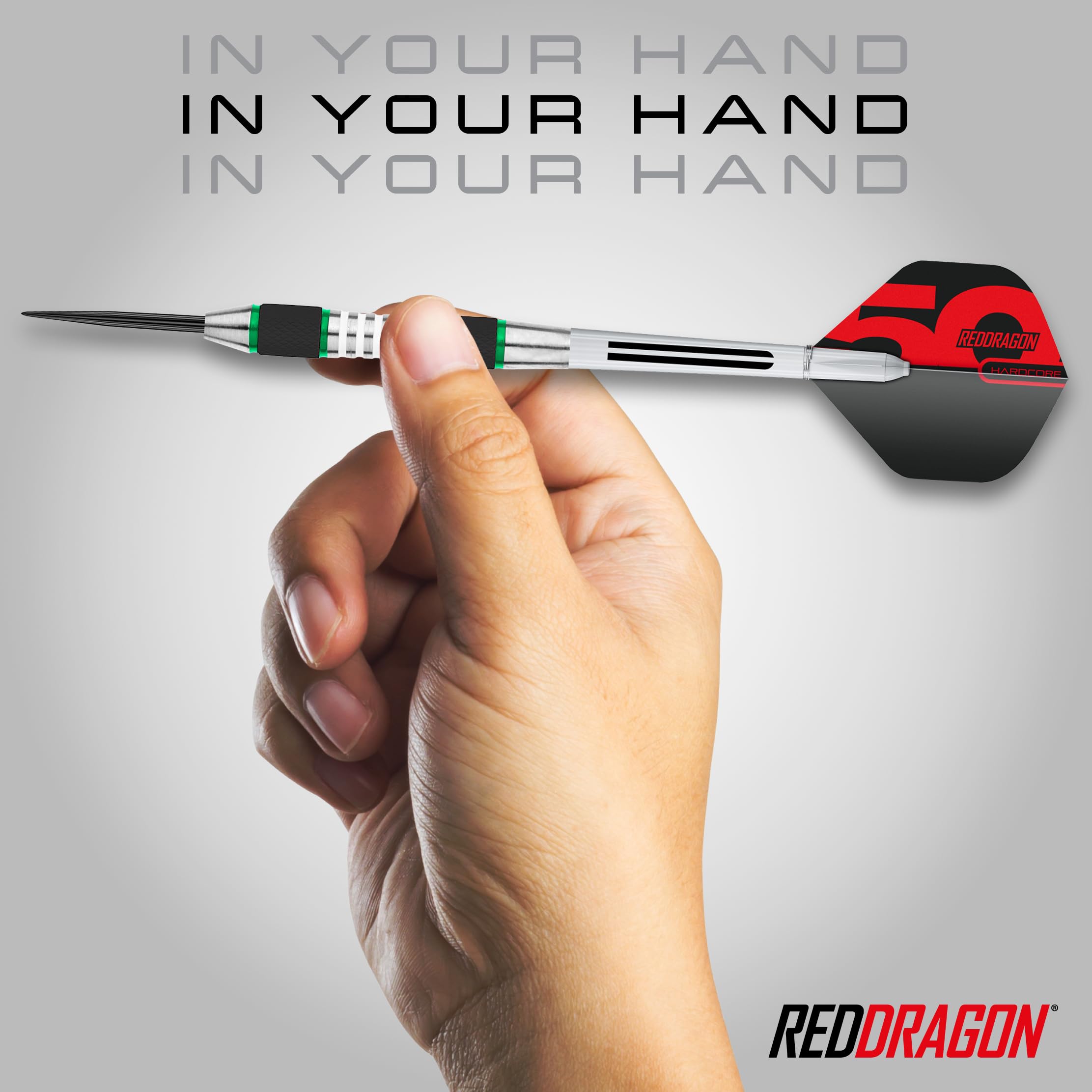 RED DRAGON Darts - Axis Set di Freccette in Acciaio Professionale da 24 Grammi in tungsteno Verde con Alette, aste e Portafoglio