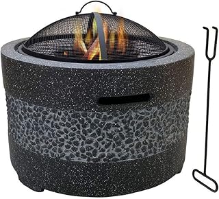 Outdoor Fire Pit 3 in 1 Large Fire Pit, with Grill, Outdoor Terrace with Artificial Stone Edging, Decoration, Lava, Bronze 55 x 46cm, Gray