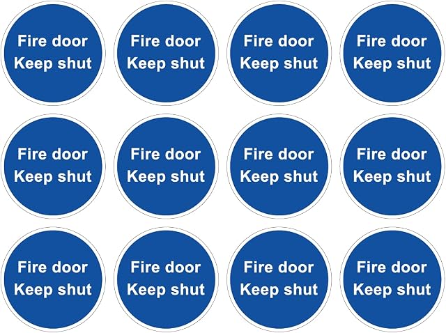Pack of 12 self adhesive, 80mm diameter, self adhesive vinyl, Fire door Keep shut signs
