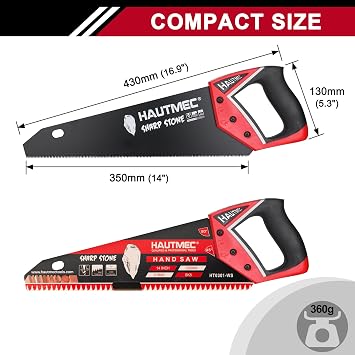 HAUTMEC 350mm Hand Saw for Wood, Small Wood Saw with Low-Friction Blade, 11 TPI Fine Tooth Handsaw for Cutting Wood, Woodworking, Garden & Tree, PVC