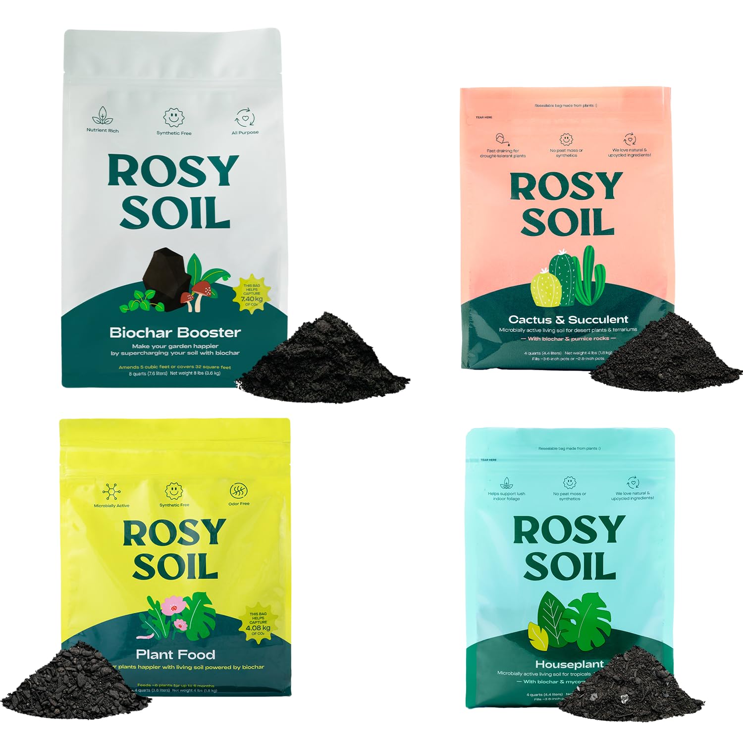 Rosy Soil Indoor Plant Care Bundle – Houseplant Soil, Cactus & Succulent Mix, Biochar Booster + Organic Plant Food – Peat-Free Living Soil System for Indoor Gardening