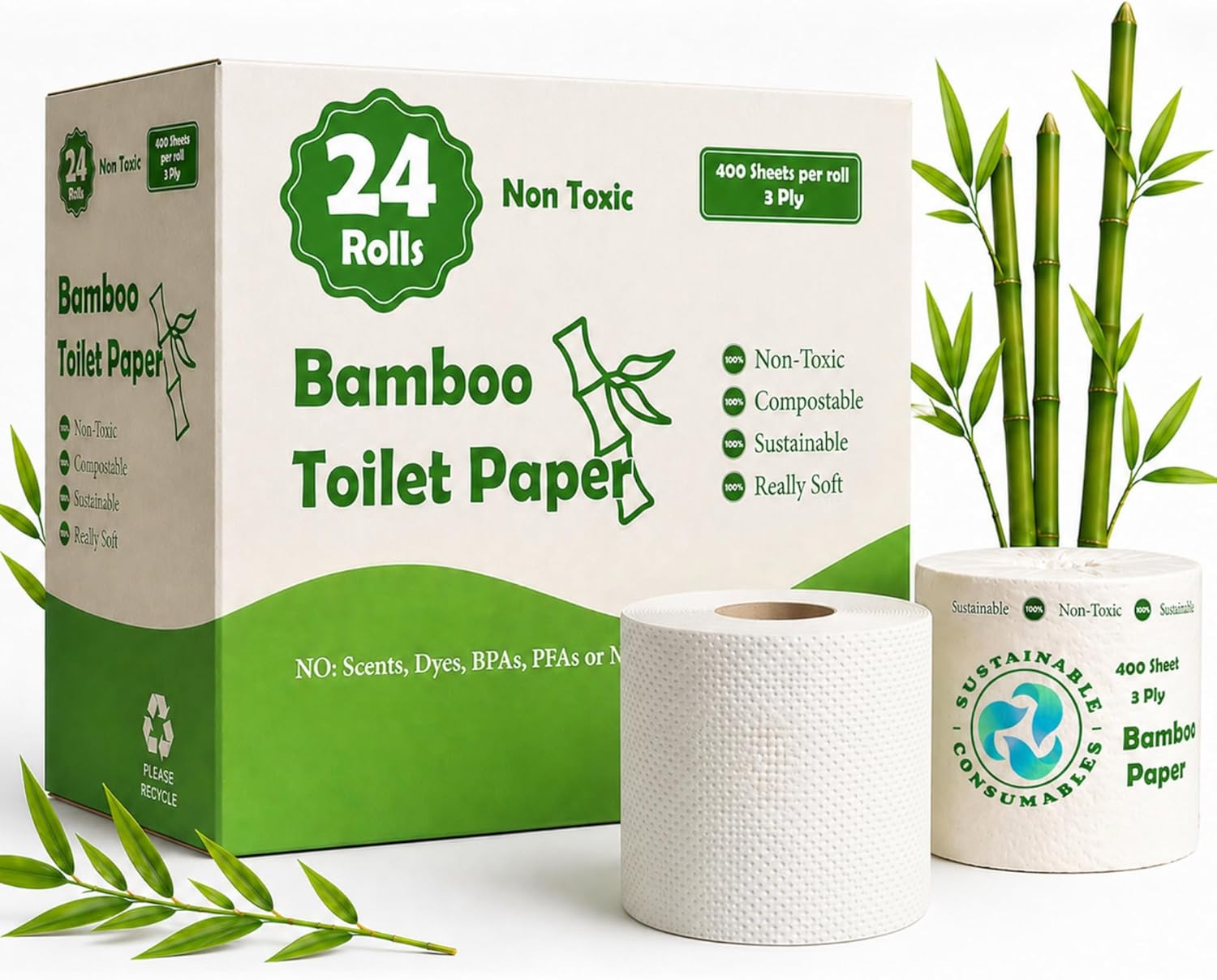 24 Rolls 100% Bamboo Toilet Paper, 3-Ply 400 Sheets | Healthy Unbleached Tree Free Tissue | FSC Certified, Septic Safe, PFAS Free, Plastic Free Packaging | Home RV Boat