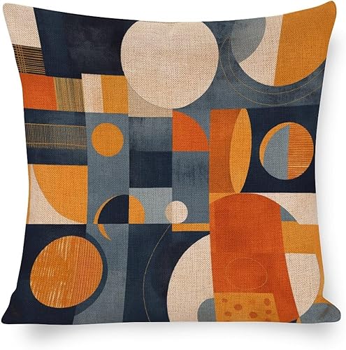 Fundas de cojín grandes para sofá, color azul marino, naranja quemado, geométricas abstractas, 16 x 16 pulgadas, arte abstracto de mediados de