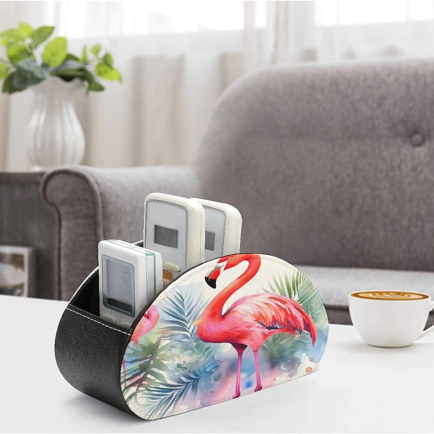 Flamingo Watercolor PU Leather Remote Control Holder with 5 Compartments image 4