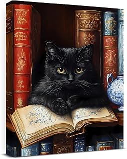 Vintage Cat Books Canvas Wall Art Bookshelf Cat Print Poster Framed Picture Painting for Home Reading Room Library Wall Decor 8x10 Inch