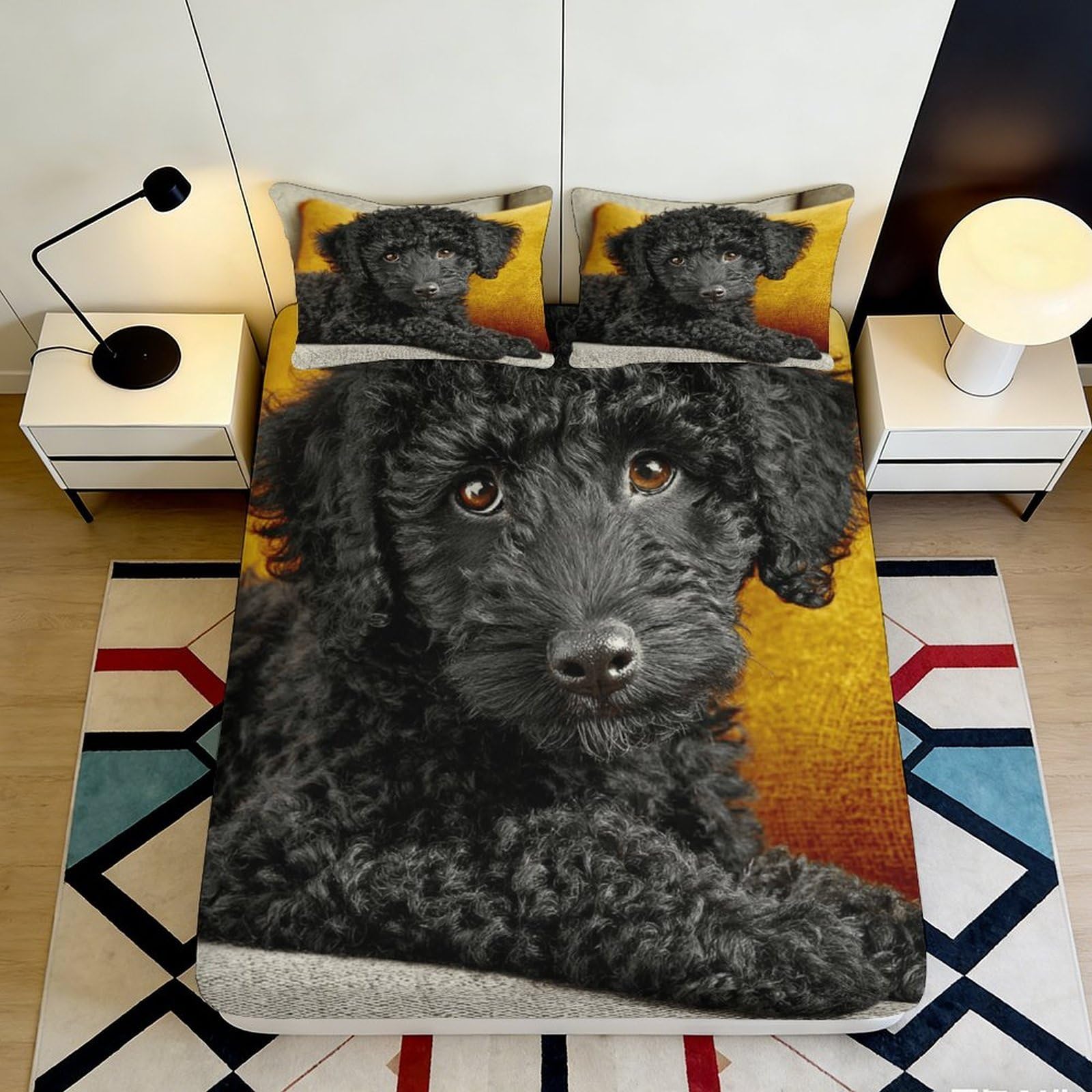 3D Printed Black Poodle Dog Fitted Sheet Microfiber Soft Non-slip Bed Cover for Bedroom Guest Room Easy Care 200x200x25cm