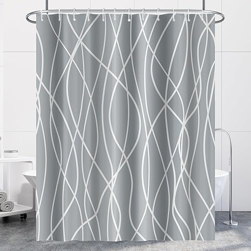 Miniatura 34 de Cortina de ducha pequeña a rayas gris claro degradado para baño, 36 x 72 pulgadas, juego de cortina de ducha geométrica para cabina de RV con Gris