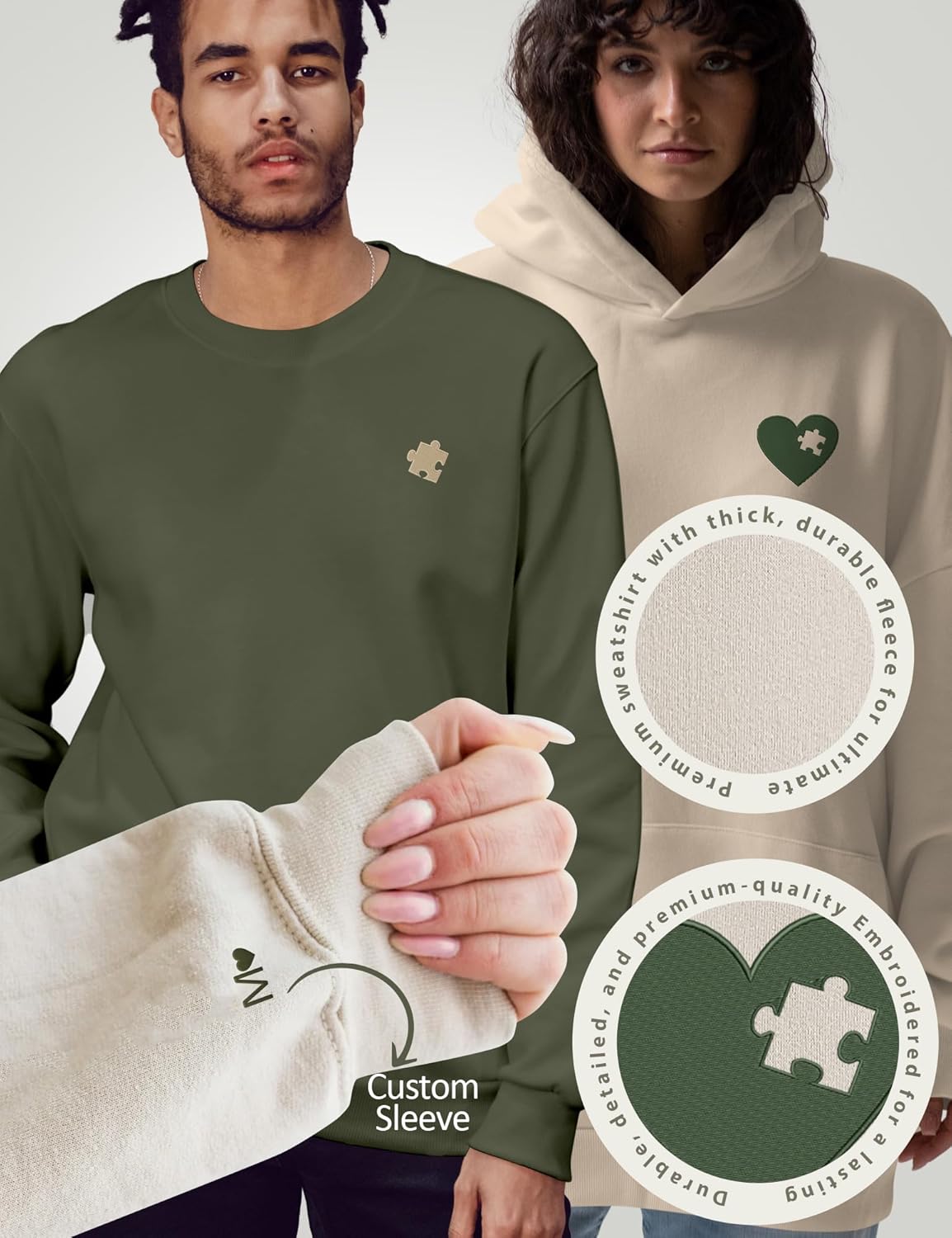 Custom Matching Couple Hoodies & Sweatshirts - Embroidered Puzzle Piece Heart Set - Personalized Initials on Sleeve - Cute His and Hers Pullovers for Valentine’s Day, Anniversary, and Weddings - Image 3