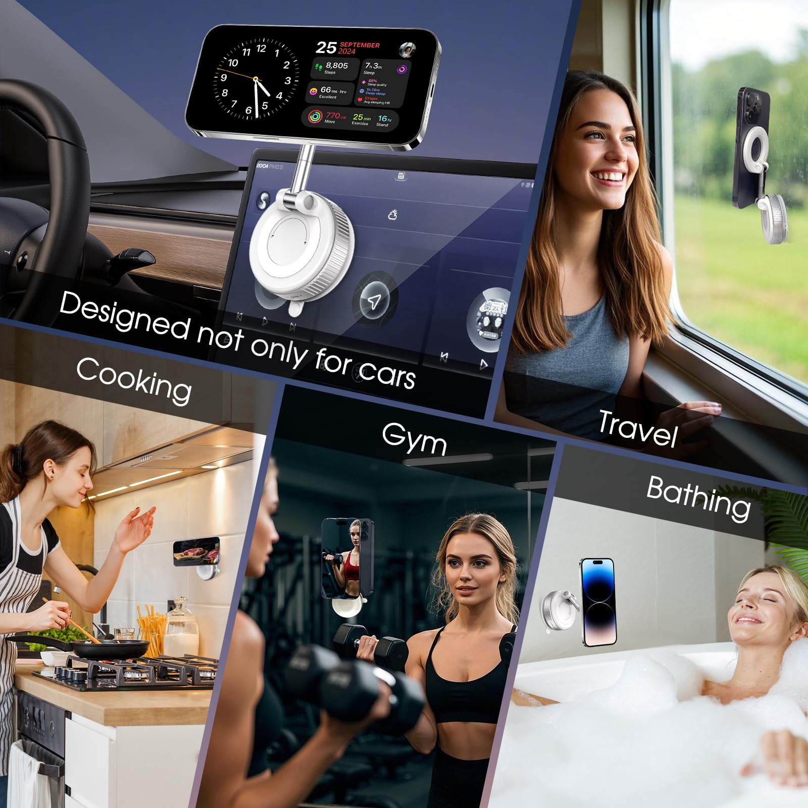 Soporte magnético giratorio de 360° para teléfono, plegable y retráctil, manos libres, ventosa para coche, gimnasio, espejo, superficie lisa, compatible con iPhone Android y todos los smartphones