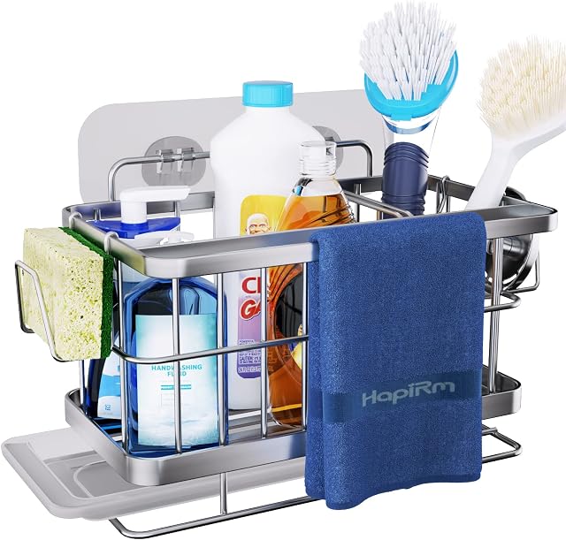 HapiRm Sink Tidy Kitchen Caddy Kitchen Organiser 4 in 1 Sponge Holder Brush Holder Cleaning Organiser Cloth Holder,Kitchen Utensils Holder Countertop & Wall Mounted, 2 Adhesives, Stainless Steel